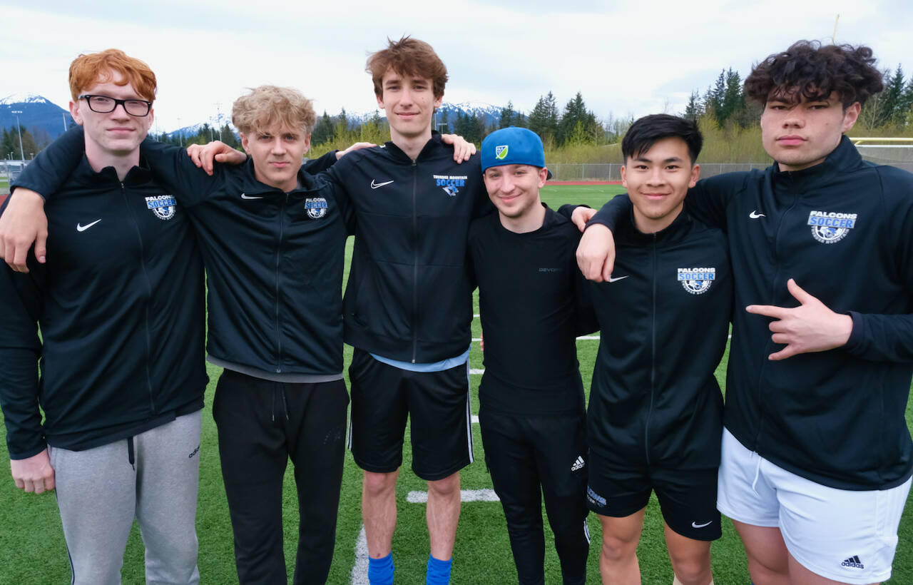 Klas Stolpe / Juneau Empire
Thunder Mountain High School boys soccer seniors, from left, Tristan Laremore, Matthew Spratt, Ben Erickson, Stig Cunningham, Preston Lam and MJ Tupou will be honored before the Falcons home game against Juneau-Douglas High School: Yadaa.at Kalé at 7:15 p.m. Tuesday on Falcons Field.