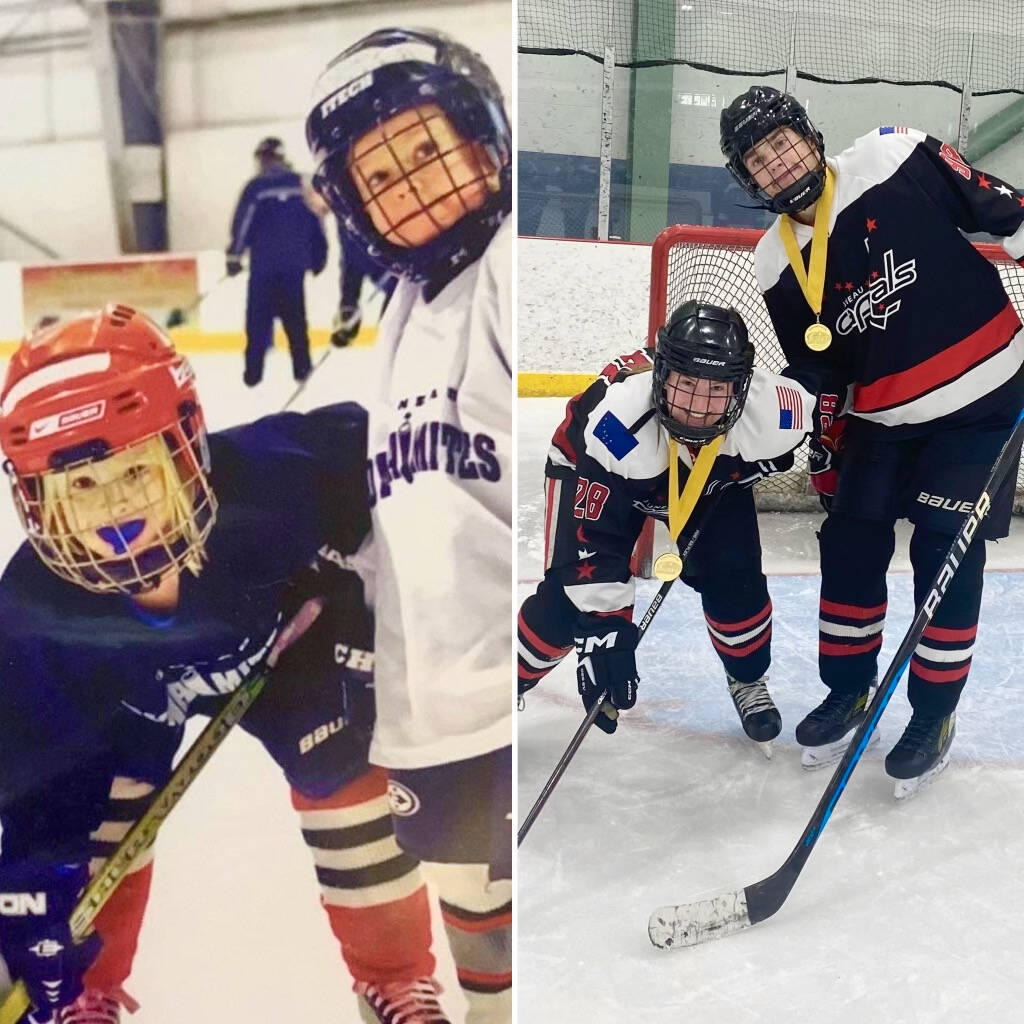Juneau-Douglas High School: Yadaa.at Kalé senior Anna Dale, shown with youth teammate Karter Kohlhase in U8 and U19 seasons, signed a letter of intent Monday to play hockey for Lebanon Valley College in Annville, Pennsylvania. (Courtesy Photo / Jason Kohlhase)