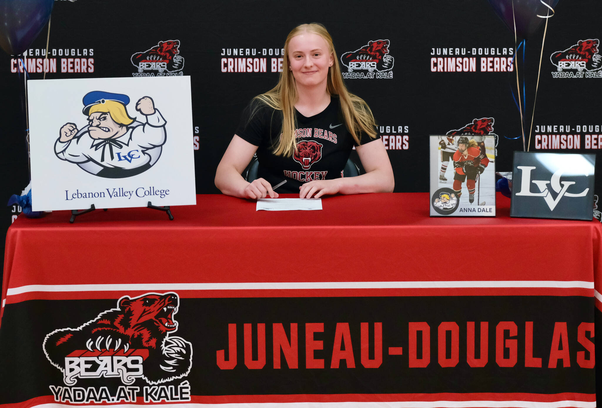 Juneau-Douglas High School: Yadaa.at Kalé senior Anna Dale signed a letter of intent Monday to play hockey for Lebanon Valley College in Annville, Pennsylvania. (Klas Stolpe / Juneau Empire)