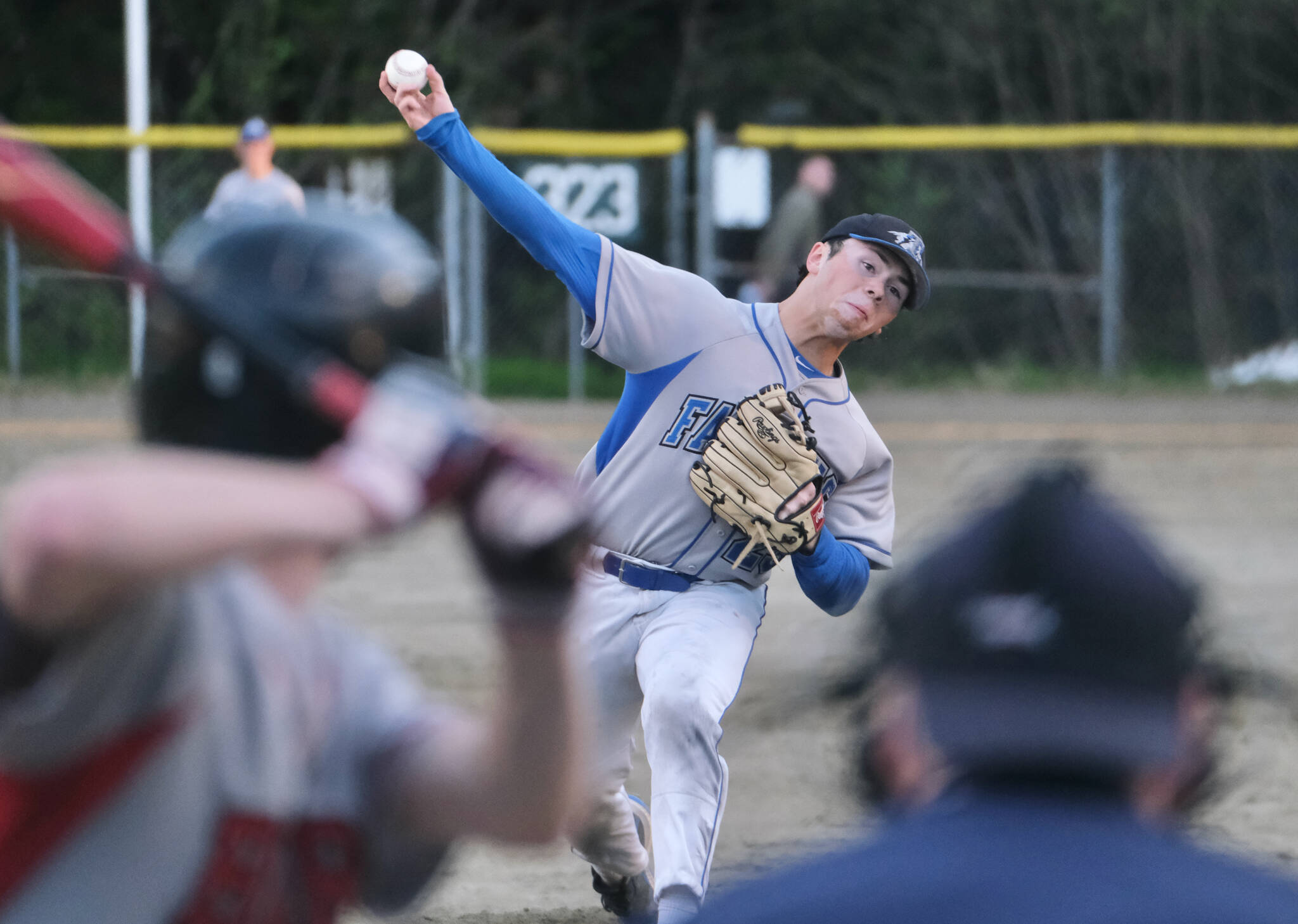 Thunder Mountain High School pitcher Anthony Anderson delivers against Juneau-Douglas High School: Yadaa.at Kalé during the Falcons’ loss to the Crimson Bears on Tuesday at Adair-Kennedy Field. The teams meet again tonight at 6:30 p.m. (Klas Stolpe / Juneau Empire)