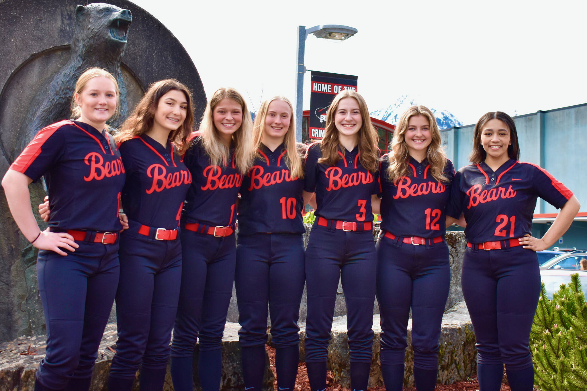 Juneau-Douglas High School: Yadaa.at Kalé Crimson Bears senior softball players, from left, Mariah Schauwecker, Bailey Hansen, Zoey Billings, Anna Dale, Carlynn Casperson, Gloria Bixby, and Amira Andrews, will be honored at 3:30 p.m. Saturday on Melvin Park Field before their game against Thunder Mountain. (Courtesy Photo / JDHS Softball)