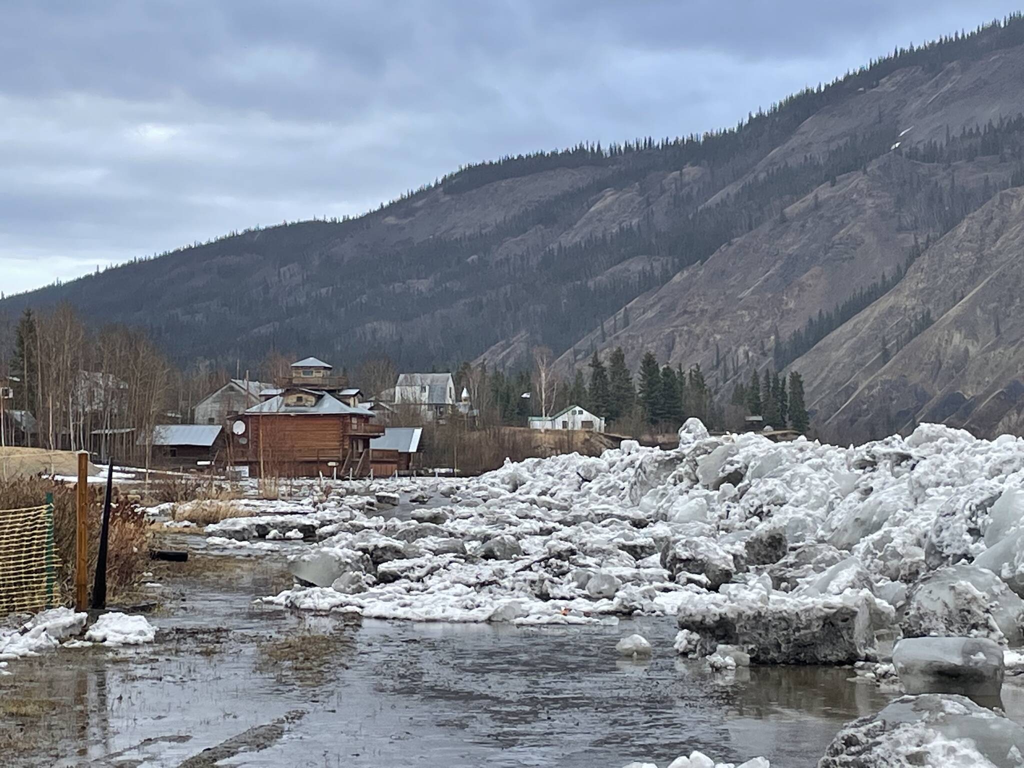 Yukon River ice sits in a ridge above the Eagle, Alaska, seawall after floodwaters lifted ice in the early morning hours of May 13, 2023. (Courtesy Photo / Ned Rozell)