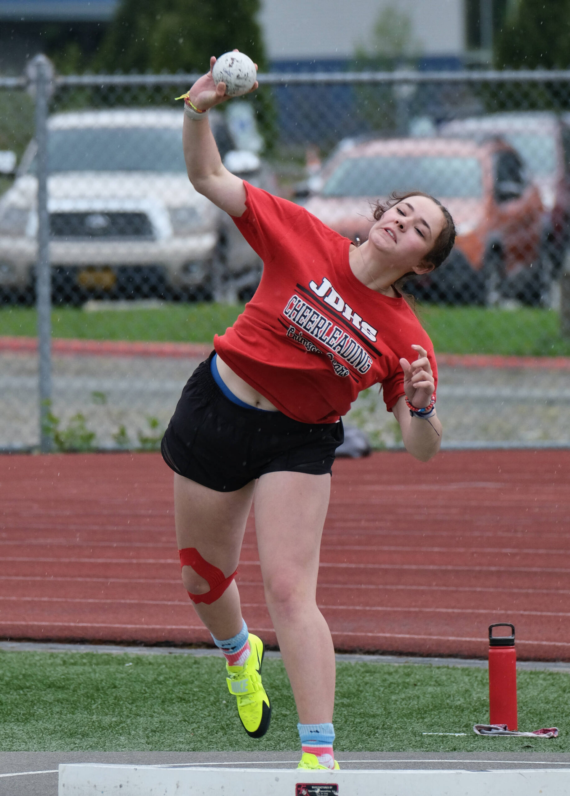 JDHS sophomore Ayla Keller wins the DI shot put during the Region V Track & Field Championships, Friday, at Thunder Mountain. The championships resume Saturday. (Klas Stolpe / Juneau Empire)