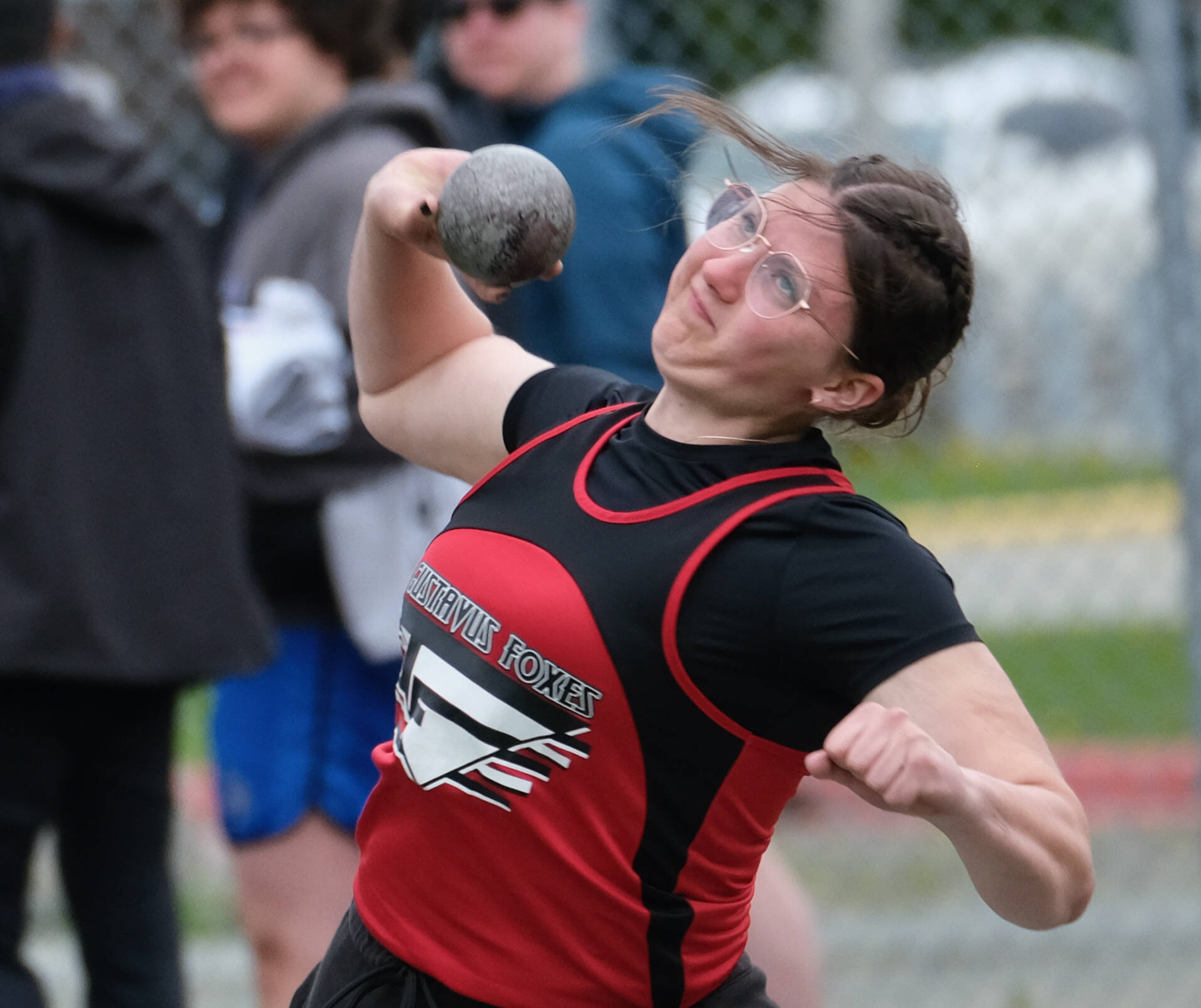 Gustavus junior Madeline Wagner wins the DII shot put during the Region V Track & Field Championships, Friday, at Thunder Mountain. The championships resume Saturday. (Klas Stolpe / Juneau Empire)