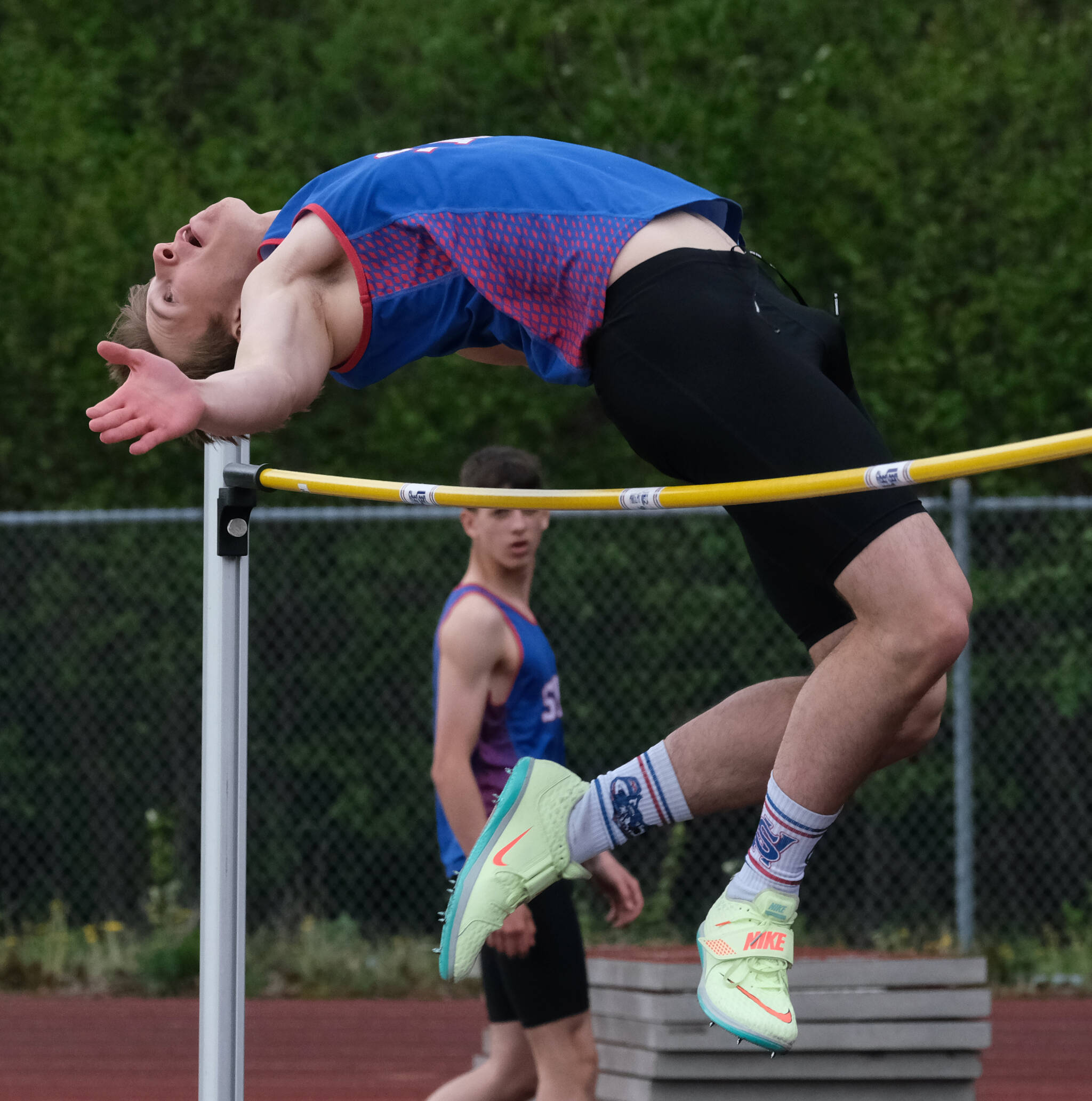 Sitka sophomore Trey Demmert wins the boys DII high jump during the Region V Track & Field Championships, Friday, at Thunder Mountain. The championships resume Saturday. (Klas Stolpe / Juneau Empire)