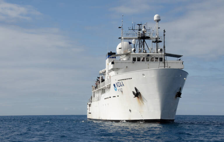 NOAA Ship Okeanos Explorer at sea during the 2022 Caribbean Mapping expedition. The ship will be in Alaska waters for much of this year. (Anna Sagatov / NOAA)