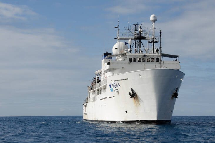 NOAA Ship Okeanos Explorer at sea during the 2022 Caribbean Mapping expedition. The ship will be in Alaska waters for much of this year. (Anna Sagatov / NOAA)