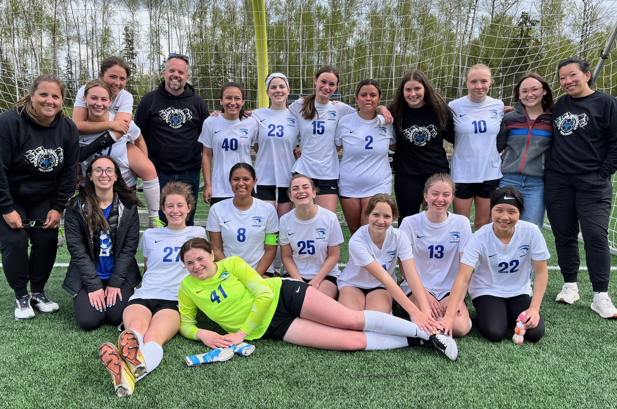 The Thunder Mountain High School Lady Falcons soccer team pose for a photo at Redington High School in Wasilla. The Lady Falcons defeated the Huskies 8-0 for their final game of the season. (Courtesy Photo)