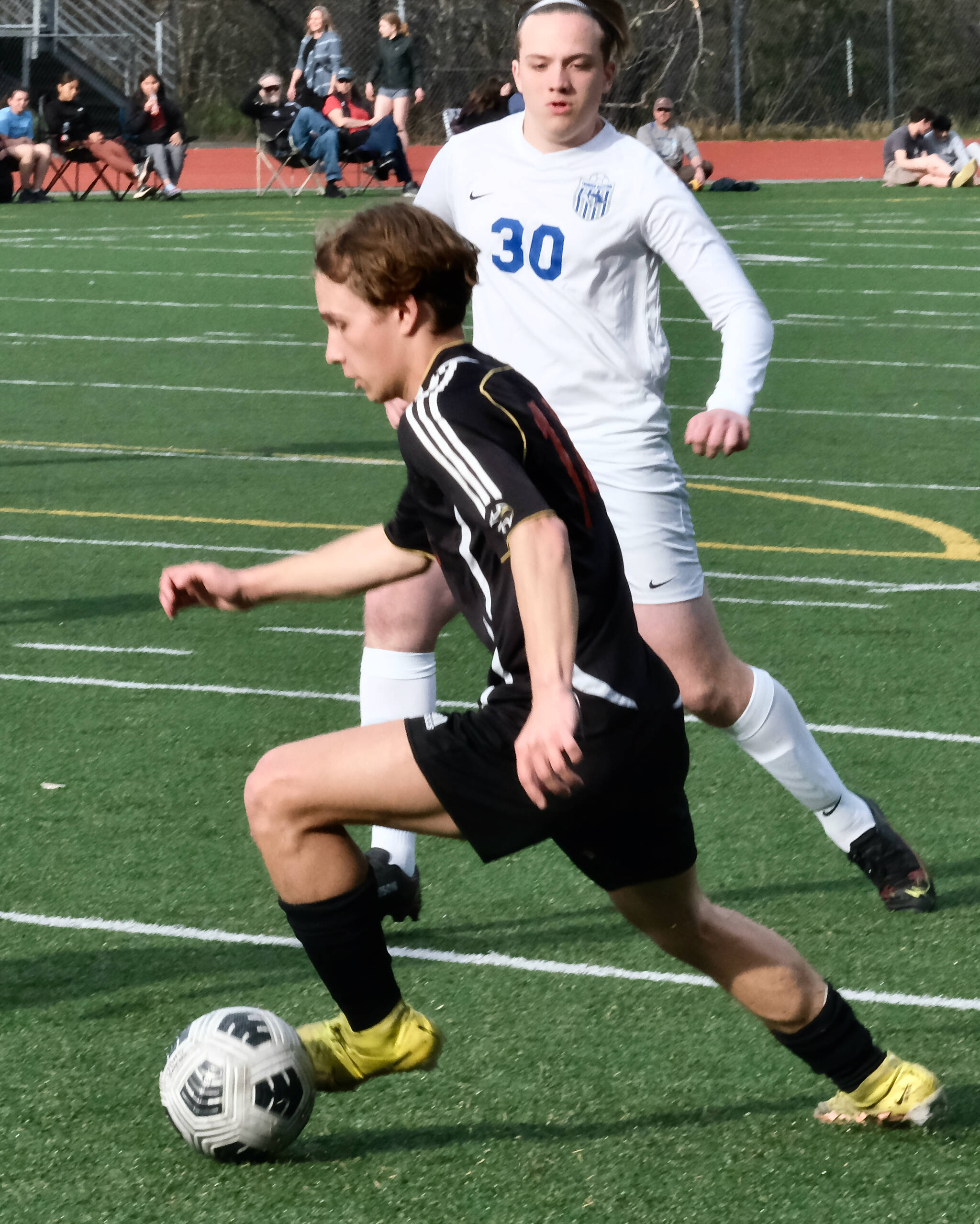 Juneau-Douglas High School: Yadaa.at Kalé sophomore Kai Ciambor, shown in earlier season action, had two goals and controlled the pitch for the Crimson Bears during their final two regular season games at Ketchikan last weekend. (Klas Stolpe / Juneau Empire)
