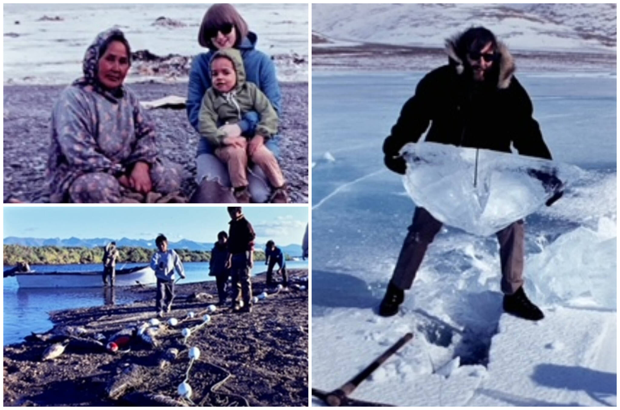 A picture of Larry chopping ice for water in Brevig Mission 1972. A picture of Mark and Laura watching seal skin preparation 1972. A picture at Fish Camp in 1972.(Courtesy Photos / Laura Rorem)