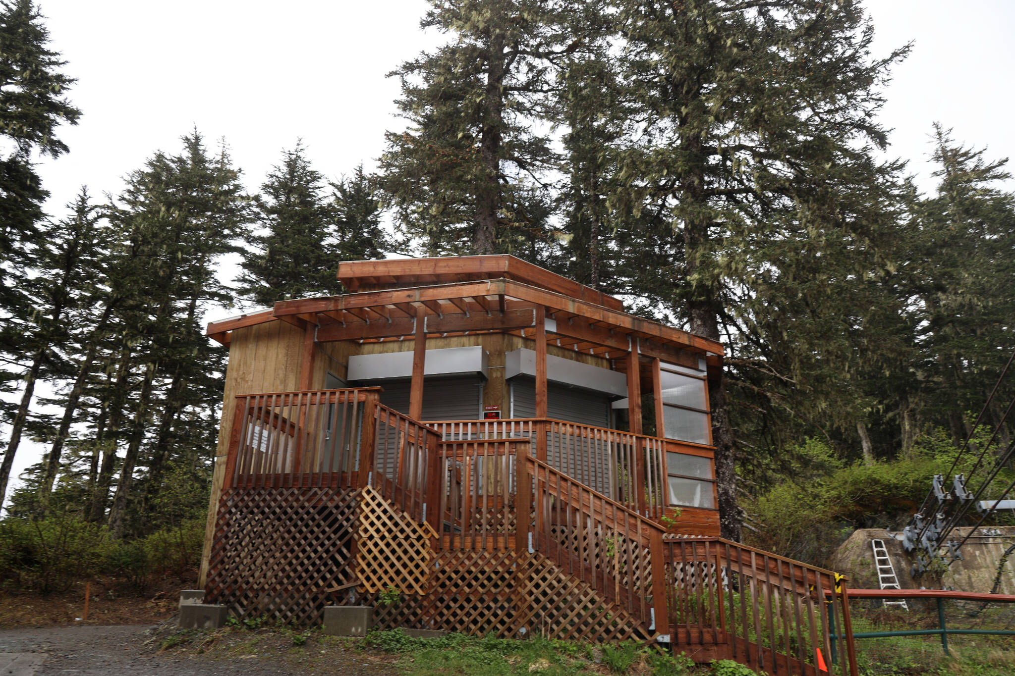 The wildlife shelter at the top of Mount Roberts sits empty Friday morning. The building future remains in limbo as it is owned by the Juneau Raptor Center, which this fall announced it would be suspending its operations by the end of 2023. (Clarise Larson / Juneau Empire)