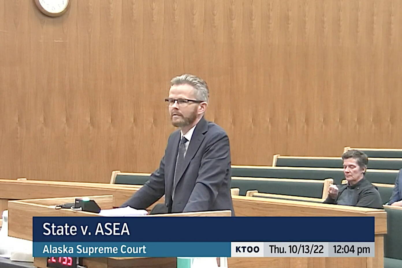 Matthew Murray, an attorney representing the Alaska State Employees Association, presents the union’s arguments in its lawsuit against the Dunleavy administration to the Alaska Supreme Court on Oct. 13, 2022. (Screenshot from Gavel Alaska livestream)