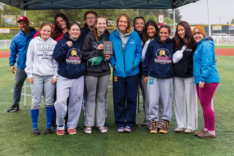 The TMHS Falcons pose with their Sportsmanship Award at the Region V Softball Tournament, Saturday, in Sitka. (Courtesy Photo)