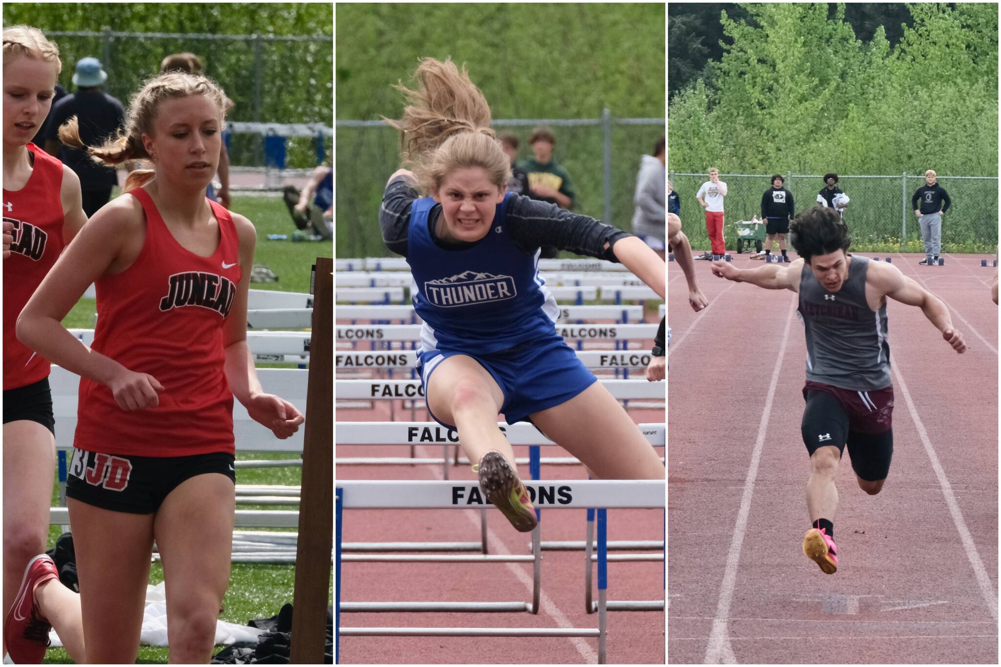This combination image shows Juneau-Douglas High School: Yadaa.at Kalé junior Etta Eller, Thunder Mountain High School senior Mallory Welling and Ketchikan High School senior Jason Lorig competing during the Region V Track & Field Championships Saturday May 20. All three fared well at the state championships. (Klas Stolpe / Juneau Empire)
