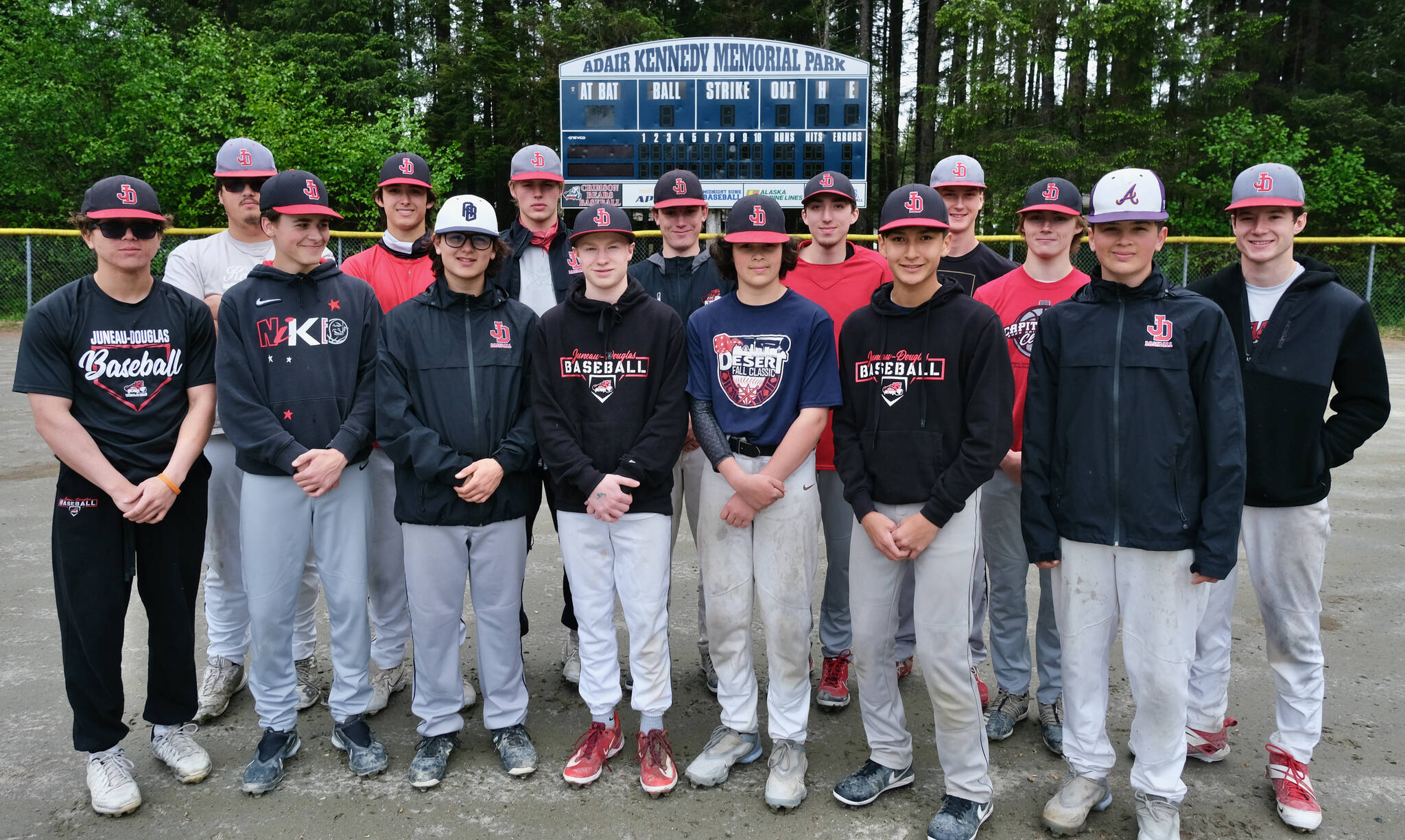 The Juneau-Douglas High School: Yadaa.at Kalé Crimson Bears are the Southeast second seed for the state baseball tournament starting Thursday in Sitka. Front row left to right: Lamar Blatnick, Brandon Casperson, Jacob Katasse, Finn Kesey, Nate Fick, Tyler Frisby, Riley Fick and Eli Crupi. Back row left to right: Marcus Underwood, Landon Simonson, Kaleb Campbell, Luke Dean, Joe Aline, Reed Meier and Bodhi Nelson. (Klas Stolpe / Juneau Empire)