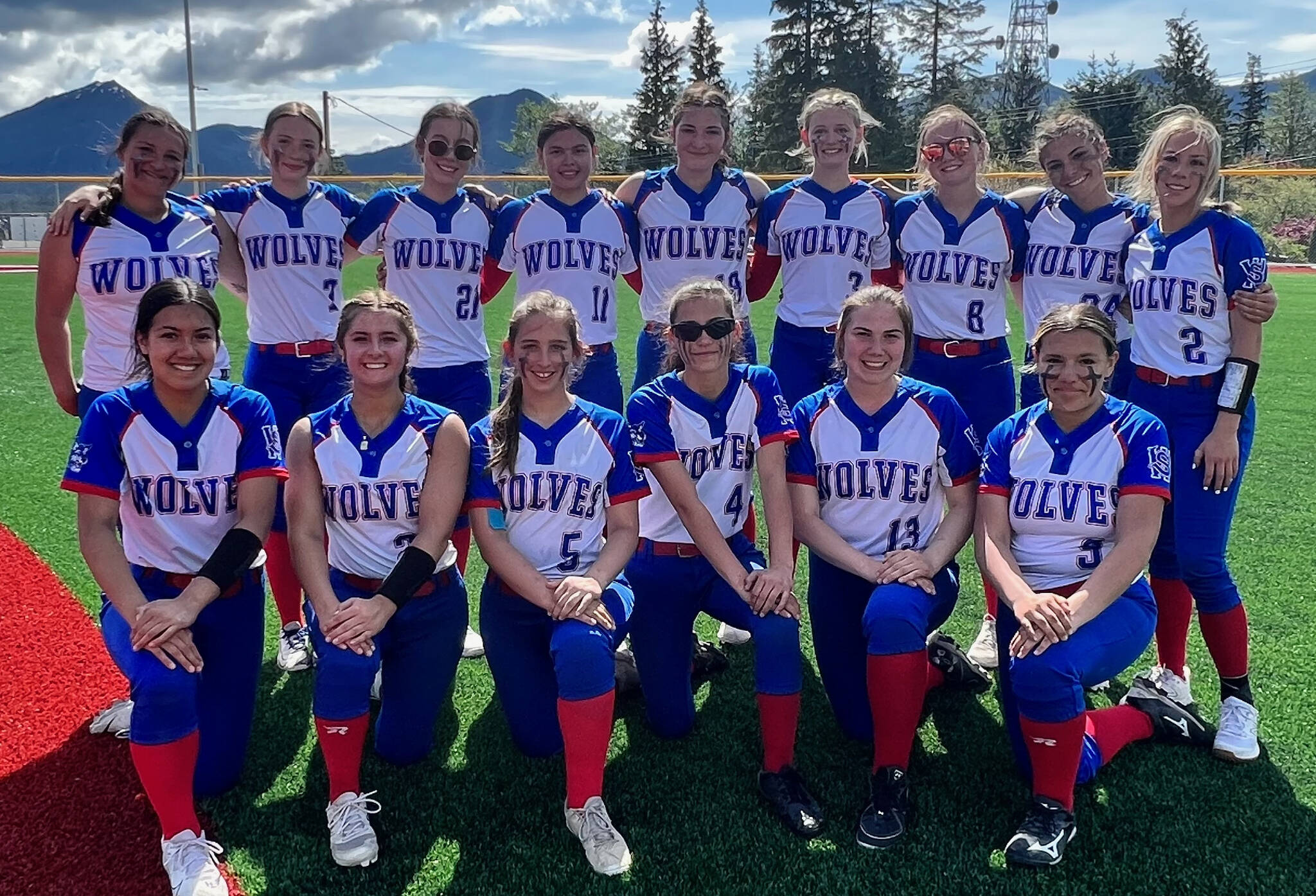 The Sitka Lady Wolves are the Southeast second seed for the state tournament in Anchorage this weekend. Back row left to right: Harlee Nelson, Kaelynn Balovich, Kayaani Weathers, Kaleena Tucker, Dalila Callahan, Kaiya Balovich, Sadie Saline, Leia Daly and Adriana Denkinger. Front row left to right: Ally Mayville, Macee Steinson, Alina Lebahn, Naia Nelson, Michele Winger and Madison Campbell. (Photo courtesy Sitka Softball)