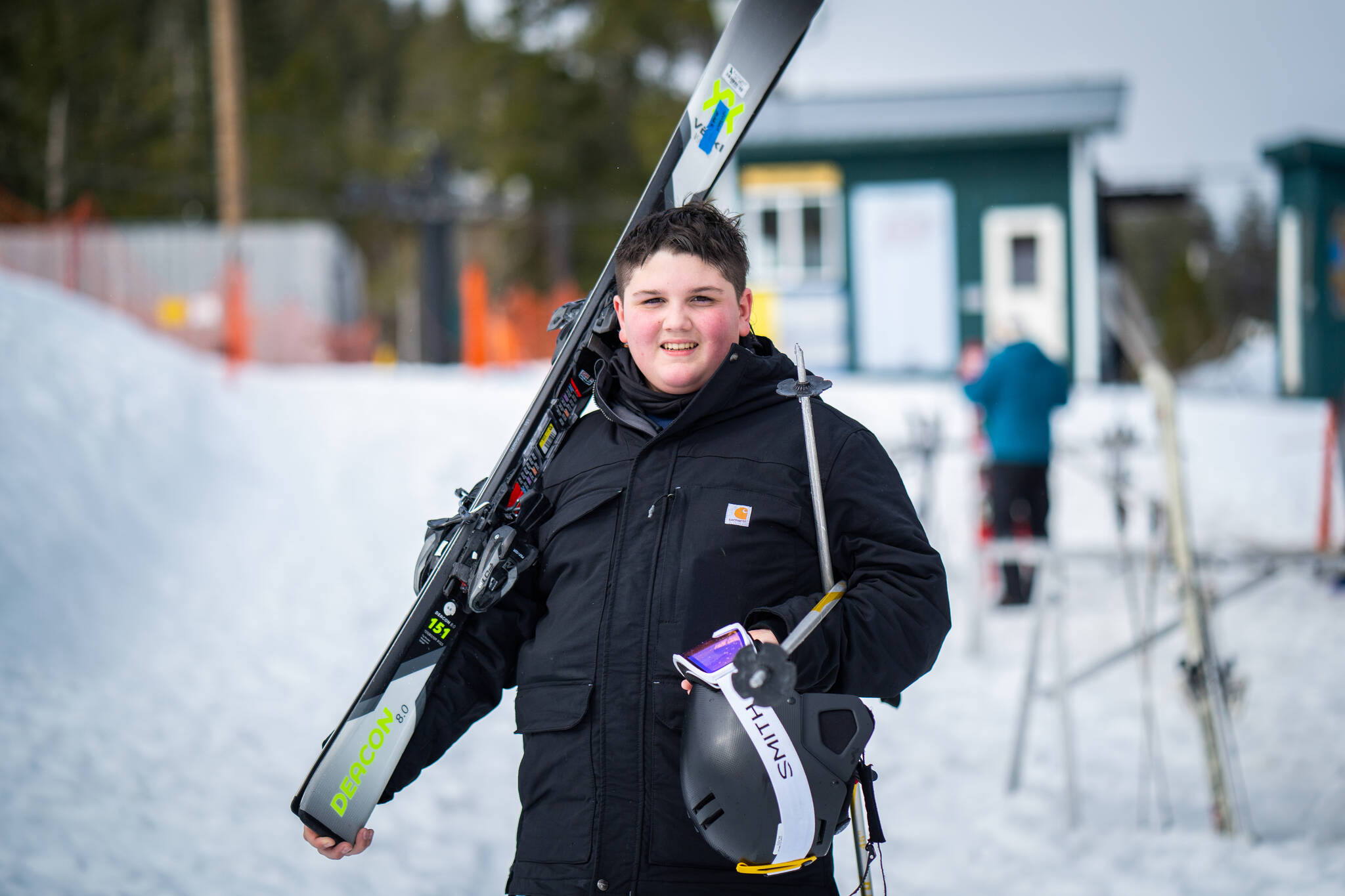 Photo by Lee House / Sitka Conservation Society
Judah Haven Marr stands with his skis before heading up to the chairlift.