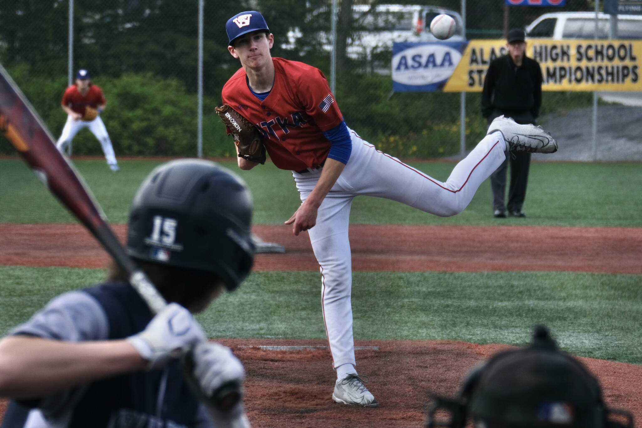 Sitka Wolves sophomore pitcher Bryce Calhoun delivers against the Eagle River Wolves during Sitka’s 6-3 loss Saturday in the 4th/6th place game of the ASAA Division I State Baseball Championships on Sitka’s Moller Field. (Klas Stolpe / Juneau Empire)