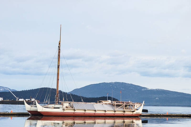 The Hōkūleʻa, a double-hulled and wind-powered traditional Polynesian voyaging canoe, sits at a dock as it navigates throughout Southeast Alaska in May. On Saturday the canoe and crew members will be welcomed to Juneau in preparation for the canoes launch days later for its four-year-long global canoe voyage called the Moananuiākea. (Courtesy Photo / Chris Blake)
