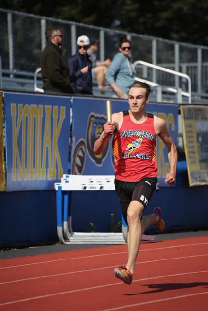 JDHS junior Wilder Dillingham, running for team North/Southeast, competes in a relay at the Brian Young Invitational on Saturday in Kodiak. (Photo Courtesy Brandi Adams)
