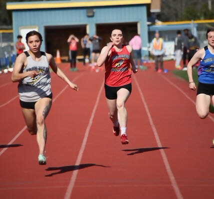 Floyd Dryden Middle School seventh grader Bella Connally, running for team North/Southeast, competes in the 100-meter dash at the Brian Young Invitational Saturday in Kodiak. (Photo Courtesy Brandi Adams)