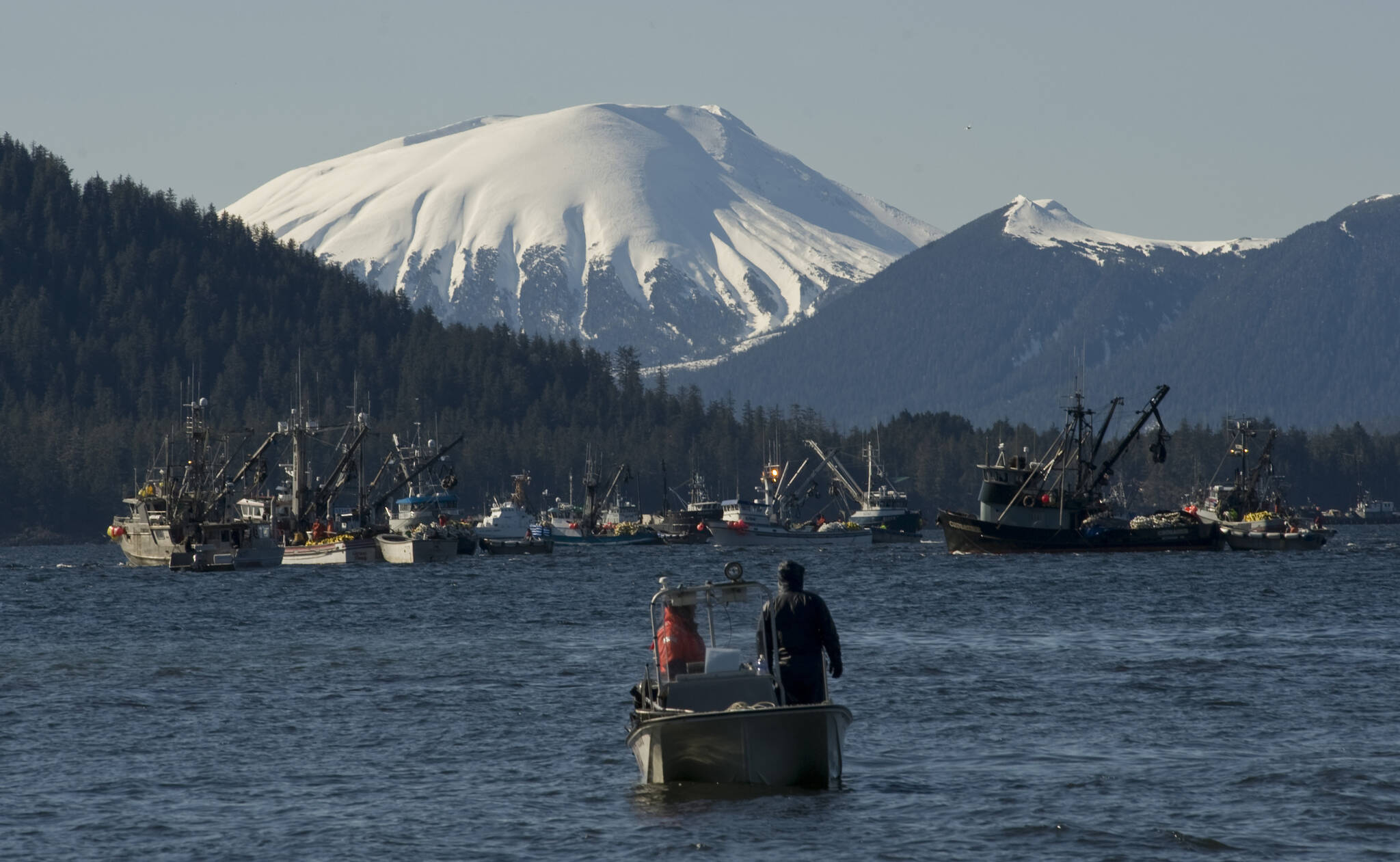 Boats jockey for position minutes before the opening of the Sitka Sound sac roe herring fishery on March 23, 2014, in Sitka, Alaska. Sitka is the home port for a charter fishing boat that sank in nearby waters killing three and leaving two lost at sea in late May 2023. The tragedy has put a spotlight on the safety of southeast Alaska’s vibrant charter fishing industry and on the port town of Sitka, where charter operators charge thousands of dollars per person for guided fishing trips. (James Poulson/The Daily Sitka Sentinel via AP, File)