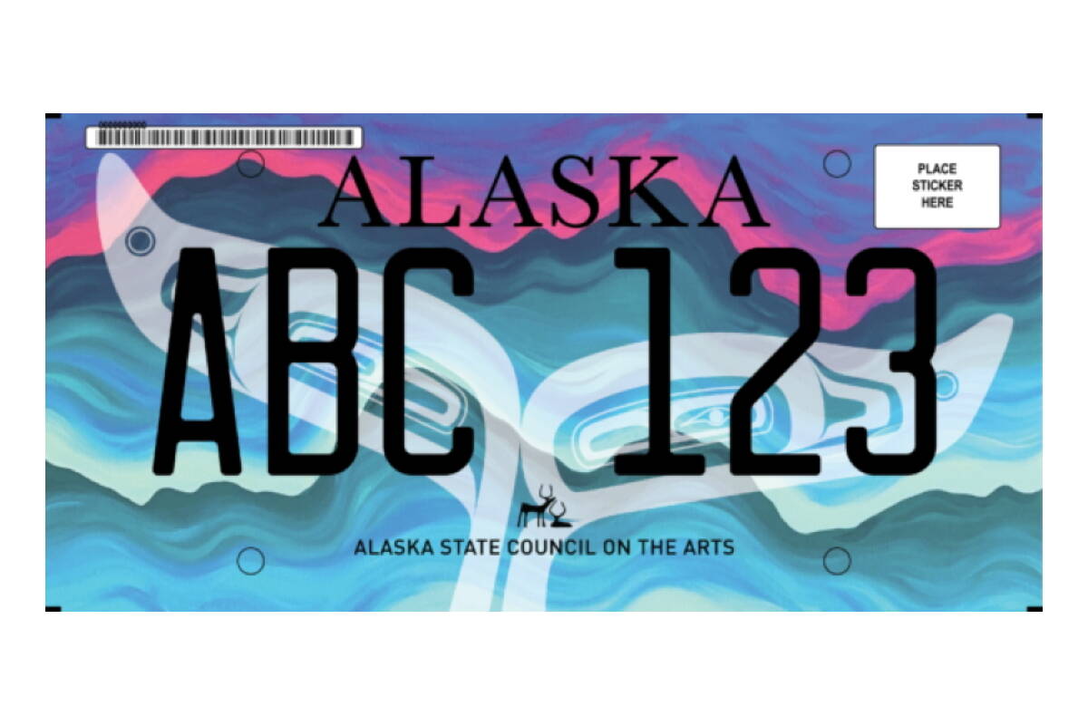 Courtesy Photo / Alaska State Council on the Arts
A “Whale’s Tail” license plate by Juneau artist Crystal Worl is among six semi-finalists in a statewide contest open to public voting until July 31. The winner will be announced Aug. 26 at the Alaska State Fair in Palmer and available afterward for purchase at DMVs statewide through 2027.