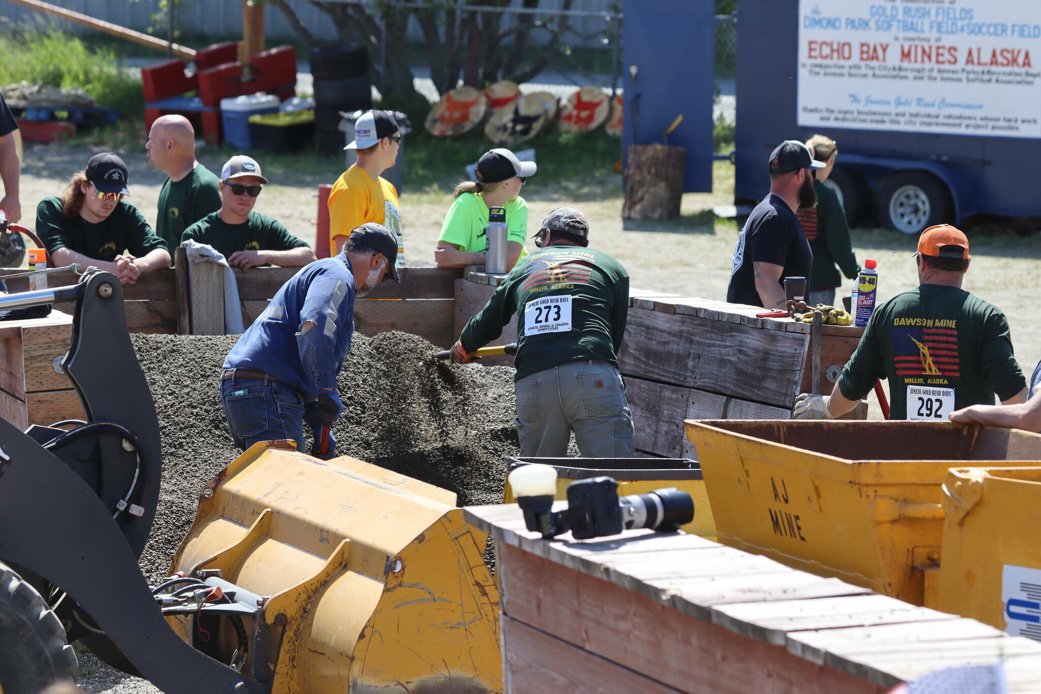 Volunteers reset a gravel pile during the men’s hand mucking event of Juneau Gold Rush Days in Savikko Park on June 18, 2022. This year’s events are scheduled Saturday and Sunday. (Michael S. Lockett / Juneau Empire File)