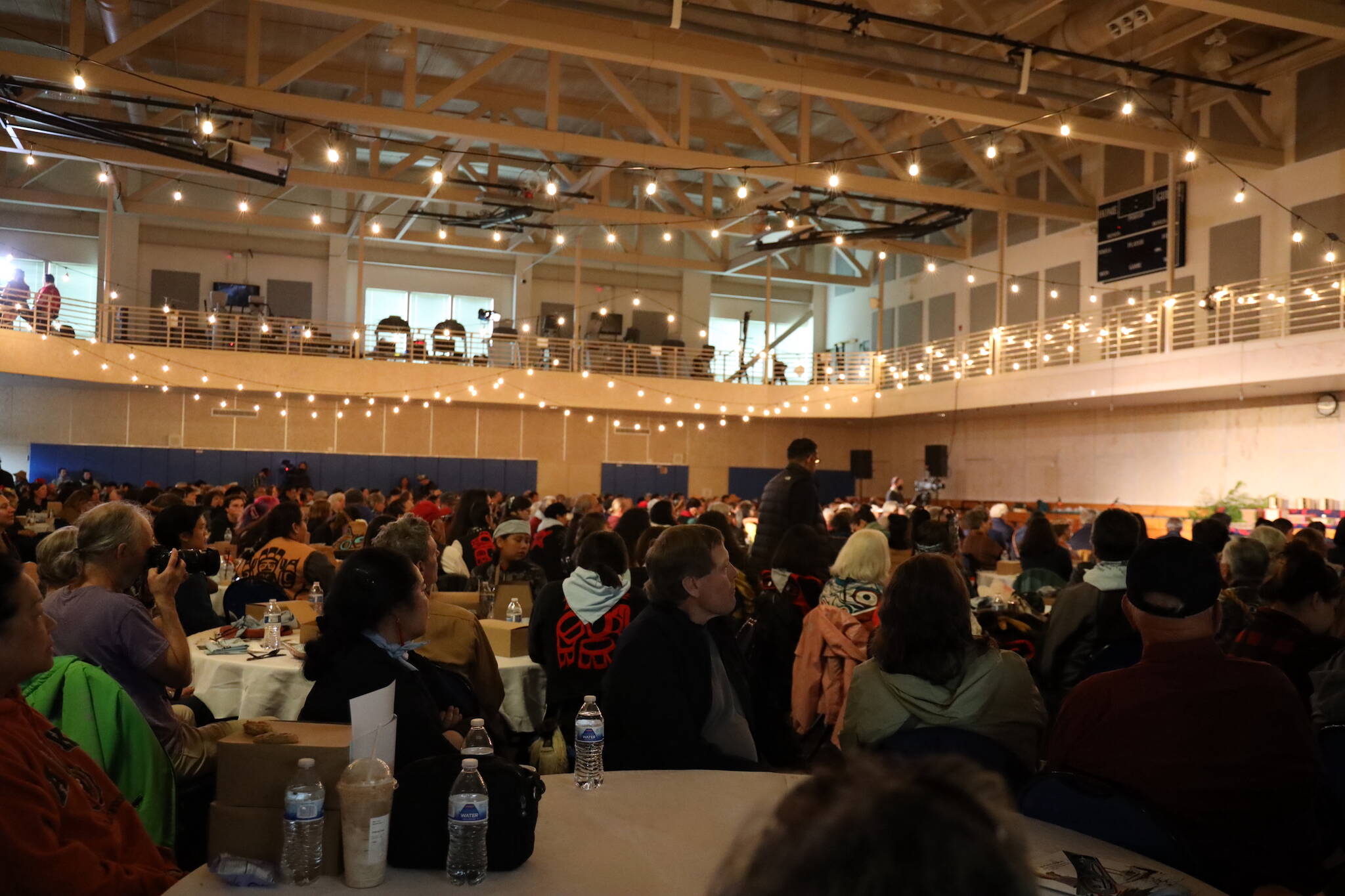 Hundreds gather to witness the global launch ceremony of the Moananuiākea voyage at the University of Alaska Recreation Center on Thursday afternoon. (Clarise Larson / Juneau Empire)