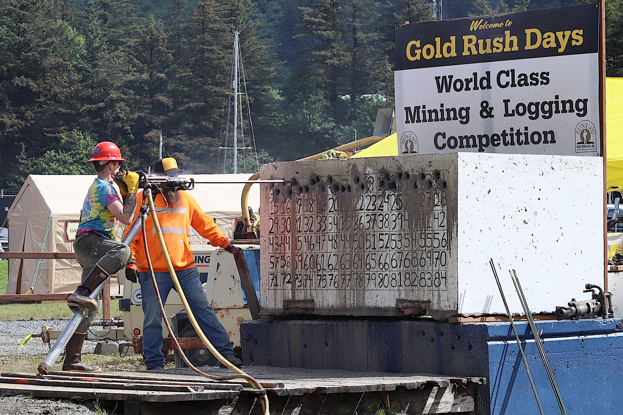 Jesse Stringer, a former worker in Coeur Alaska’s Kensington mine competes in the jackleg drilling competition Saturday during the 31st annual Juneau Gold Rush Days. The event in Douglas at Savikko Park is scheduled to continue with logging competitions on Sunday. (Mark Sabbatini / Juneau Empire)
