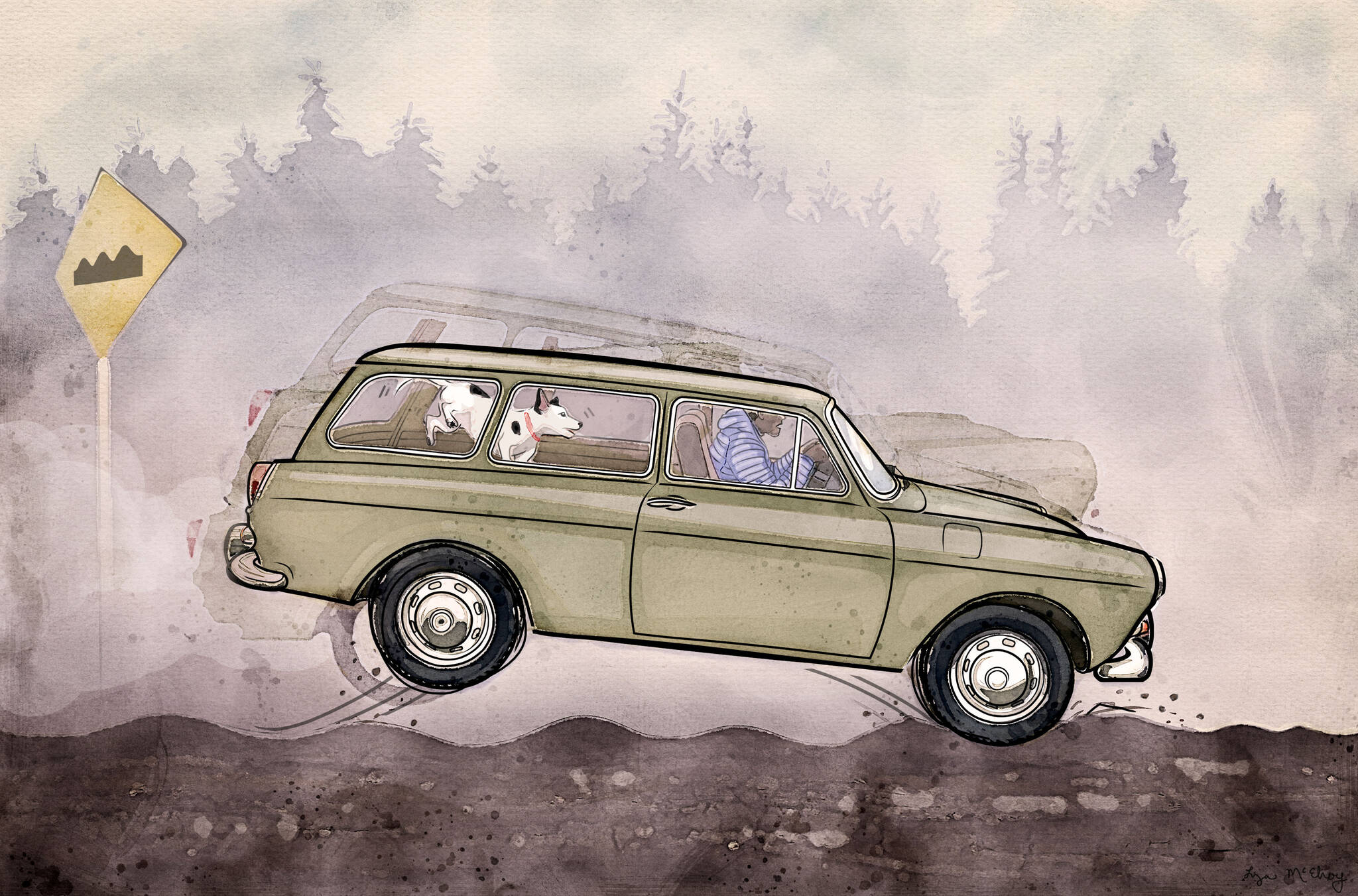 Washboard roads form on dry, unpaved road surfaces, of which there are many in Alaska. (Illustration by Liza McElroy)