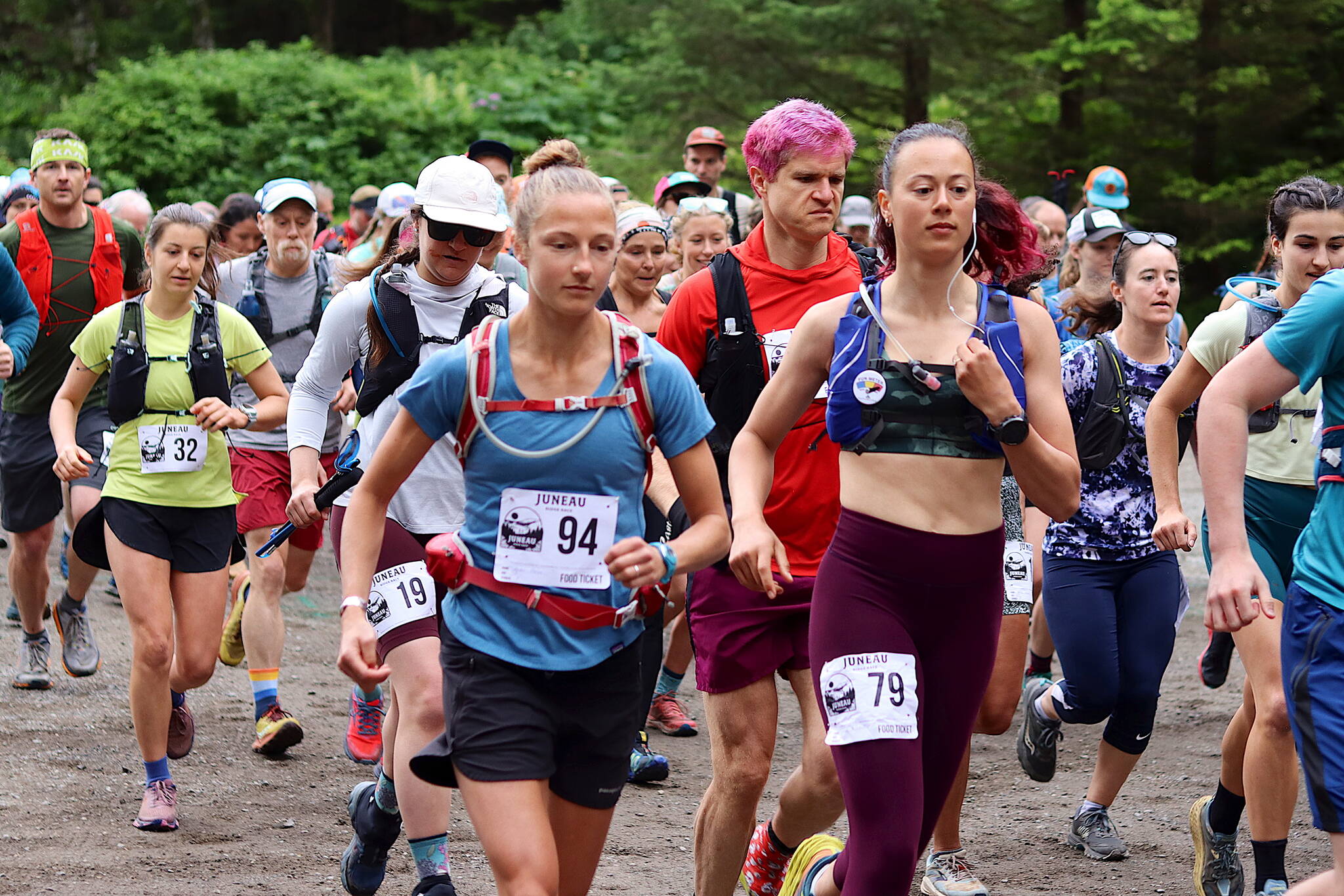 A total of 135 runners set out from the starting line of the Juneau Ridge Race at Cope Park on Sunday. The 15-mile race course went to the top of Mount Juneau and along the ridge before returning to the park. (Mark Sabbatini / Juneau Empire)