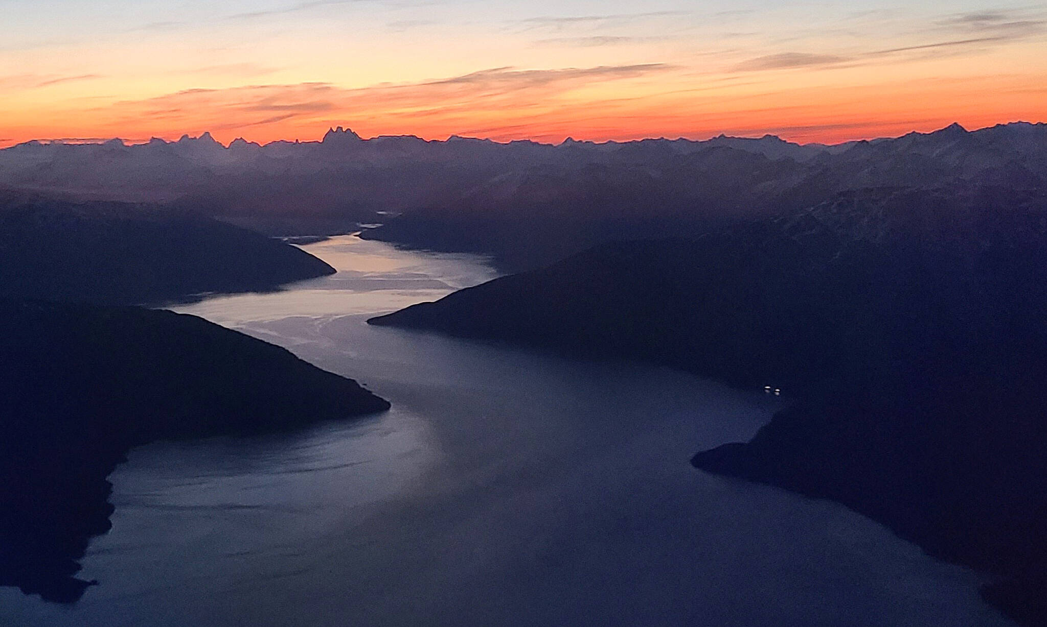 Taku Inlet during early dawn twilight at 2:01 a.m. June 20. (Photo by Randy Burton)