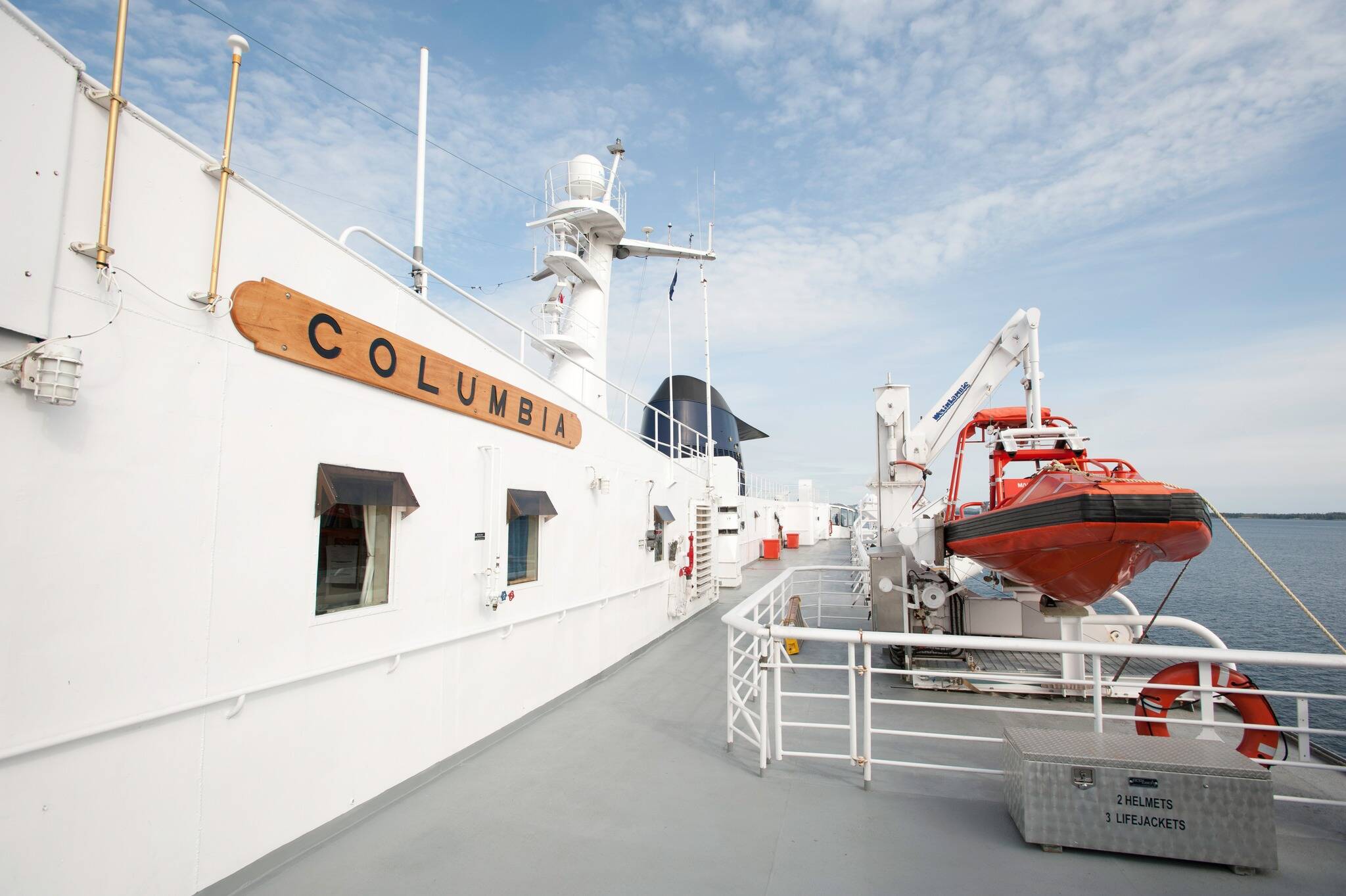 A lifeboat on the deck of the Columbia ferry in May. (Photo courtesy of the Alaska Marine Highway System)