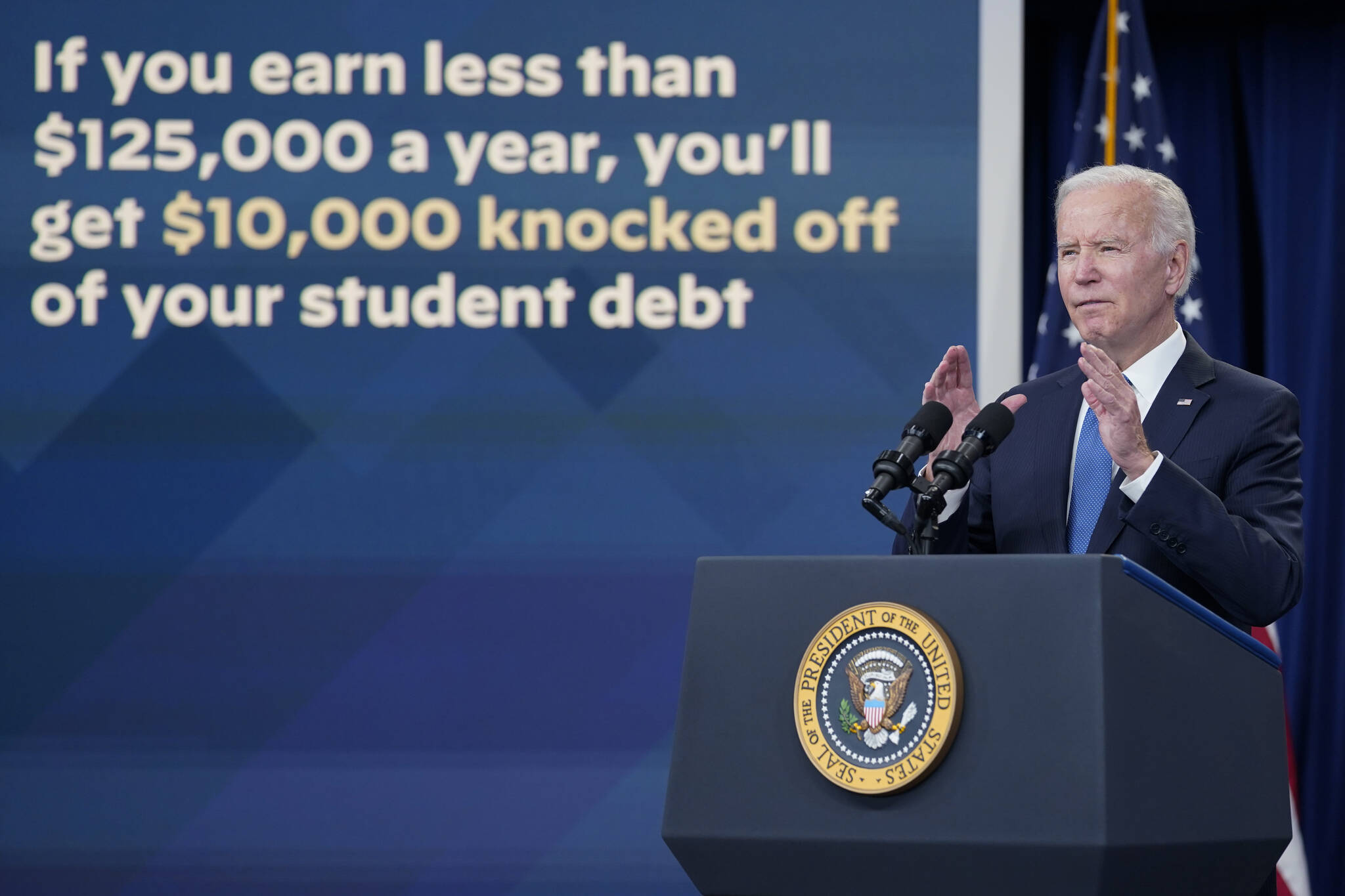 President Joe Biden speaks about the student debt relief portal beta test in the South Court Auditorium on the White House complex in Washington, Oct. 17, 2022. A sharply divided Supreme Court has ruled that the Biden administration overstepped its authority in trying to cancel or reduce student loans for millions of Americans. Conservative justices were in the majority in Friday’s 6-3 decision that effectively killed the $400 billion plan that President Joe Biden announced last year. (AP Photo/Susan Walsh, File)