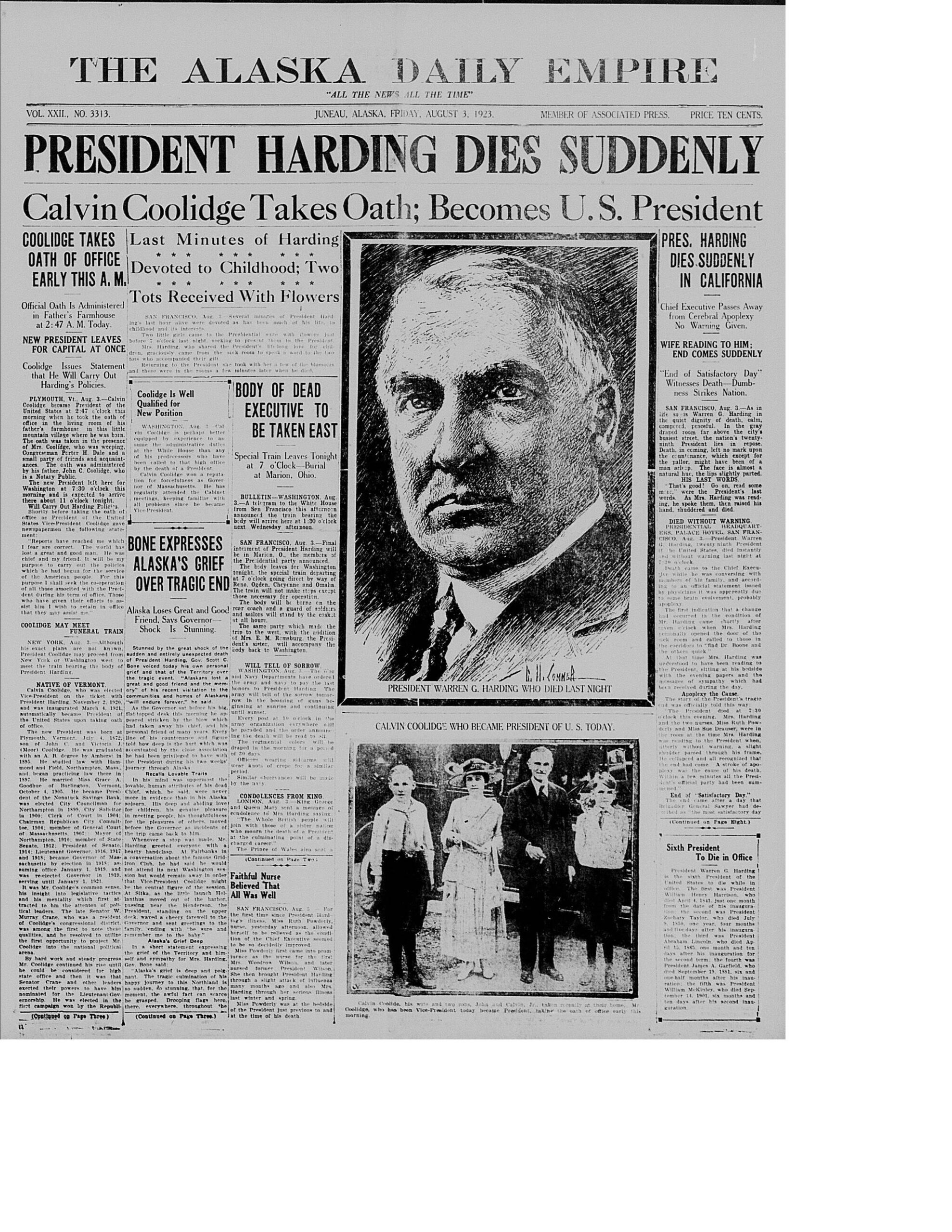 Three weeks after visiting Juneau and other Alaska destinations in 1923, President Warren G. Harding died suddenly in San Francisco at the end of his tour. This is the front page of the Alaska Daily Empire on Aug. 3, 1923, describing his death from cerebral apoplexy, or a stroke.