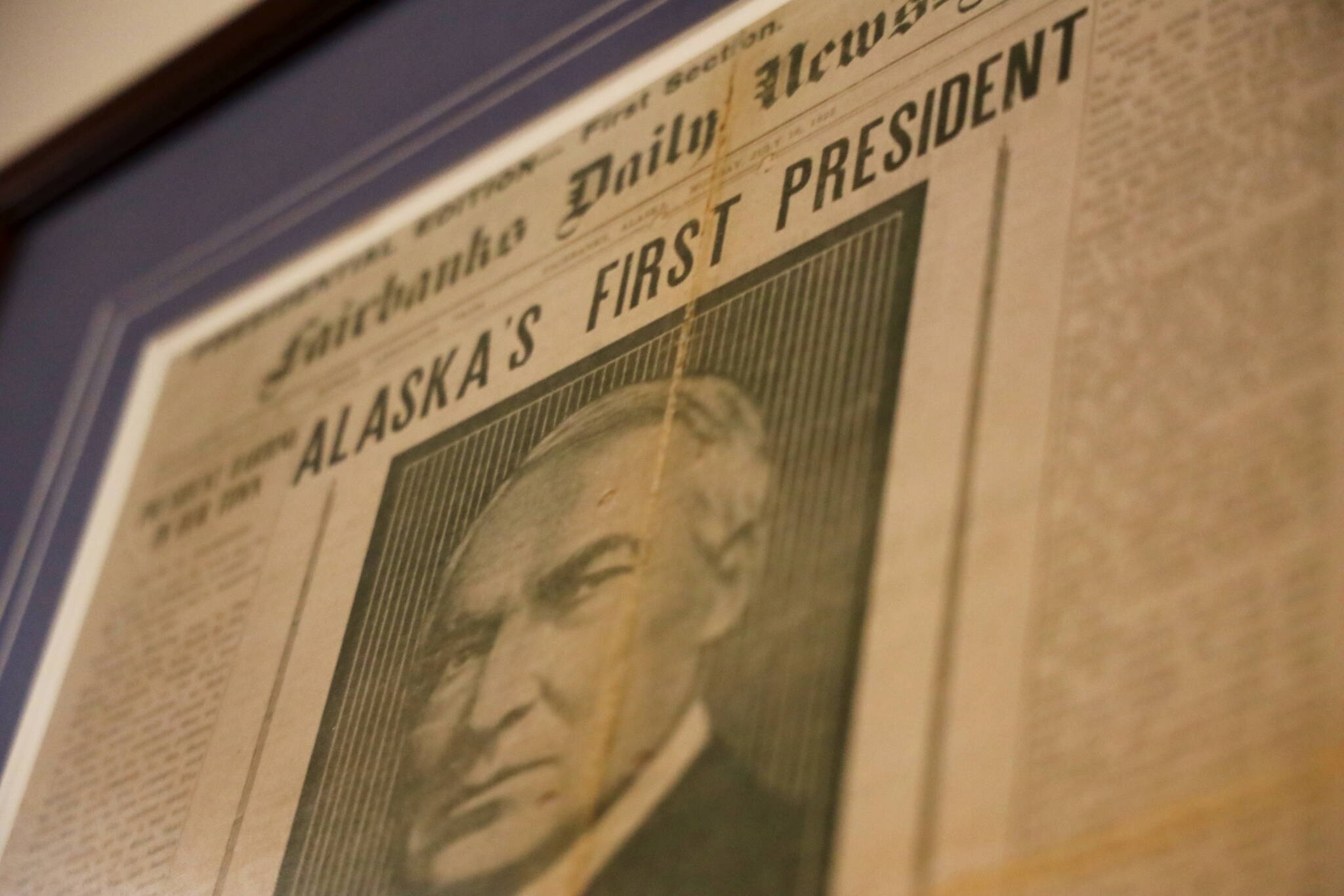 A framed issue of the Fairbanks Daily News Miner reporting President Warren G. Harding’s visit to Alaska is displayed on the fourth floor of the Alaska State Capitol. (Clarise Larson / Juneau Empire)