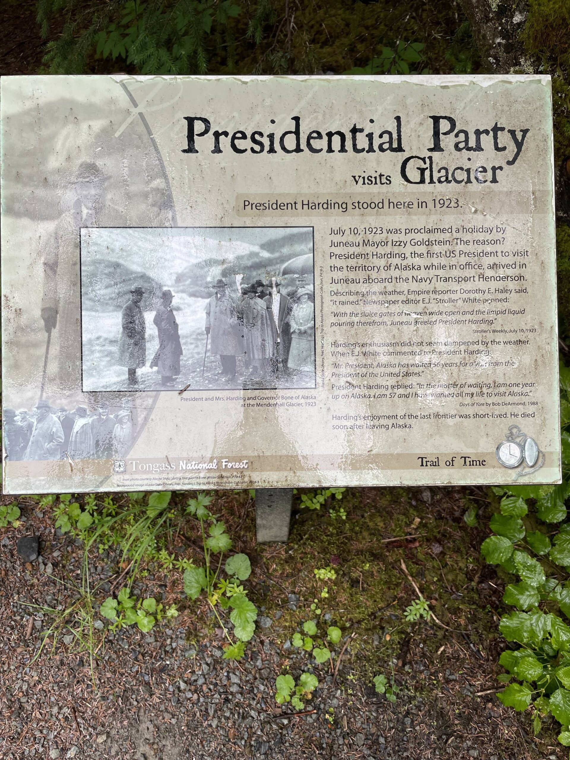 The U.S. Forest Service has erected a series of interpretive signs along the Trail of Time at Mendenhall Glacier. This sign is one of many detailing significant events measured by the glacier’s retreat. Today the terminus is more than 1.5 miles from this spot where President Warren G. Harding stood in 1923. (Photo by Laurie Craig)