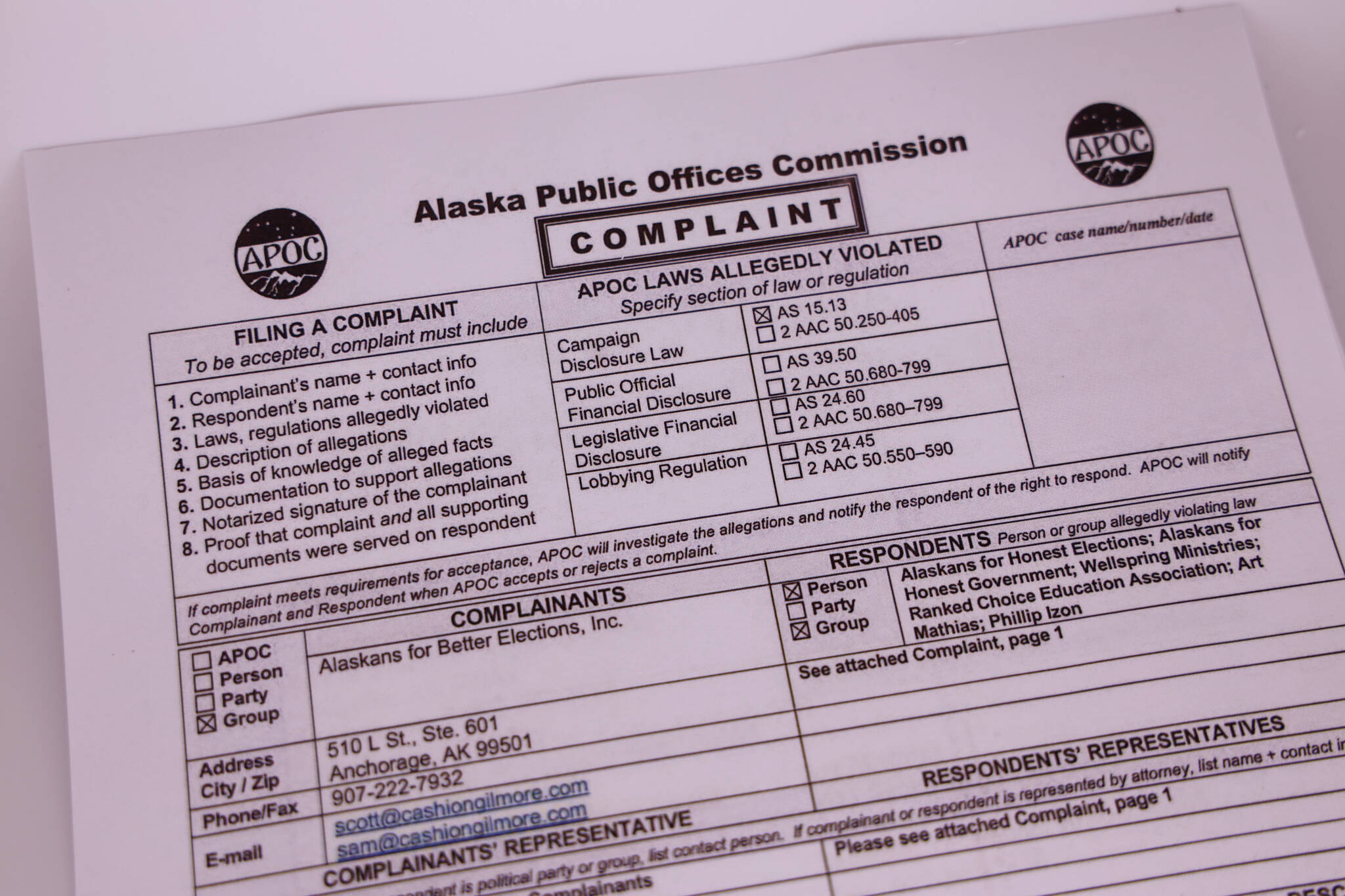 A complaint filed Wednesday with the Alaska Public Offices Commission alleges advocates of repealing the state’s open primary elections and ranked choice voting are violating numerous campaign disclosure laws. (Clarise Larson / Juneau Empire File)