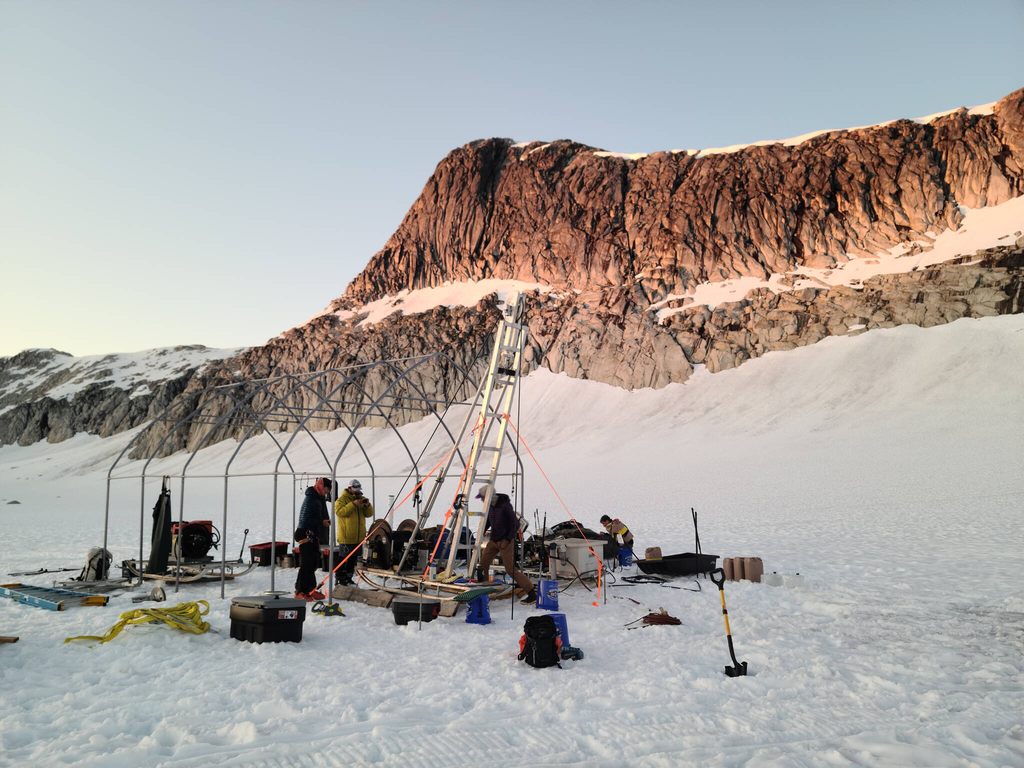 Researchers gather at a camp and data-collection site on the Juneau Icefield earlier this month during a project intended to aid with the study of the Jupiter ice moon Europa. (Photo courtesy of Jacob Holmes)