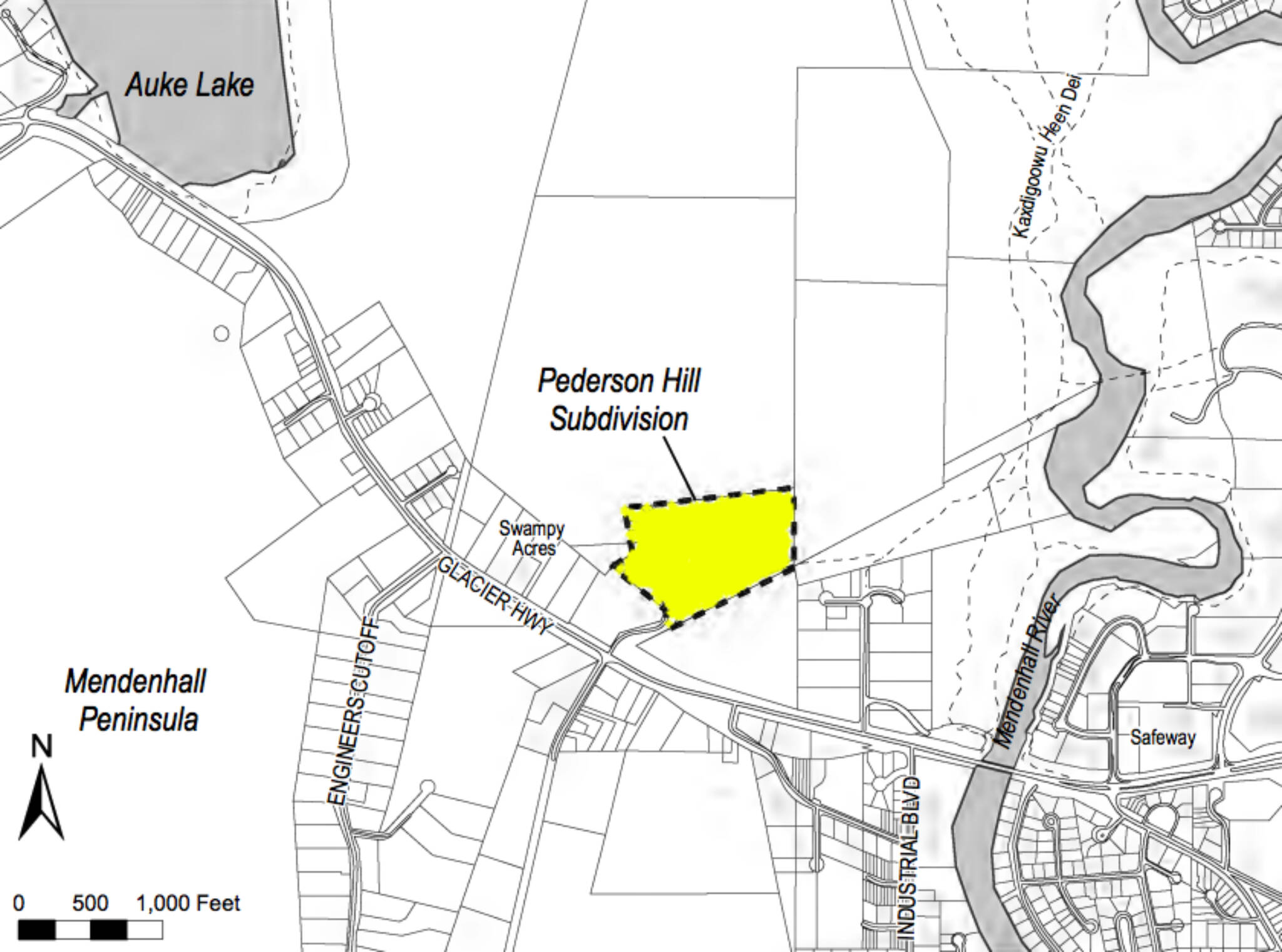 This is a screenshot of a map showing the location of 11.5 acres of city-owned land on Pederson Hill the Juneau Assembly OK’d to transfer to the Tlingit Haida Regional Housing Authority Monday night for less than fair market value. (Clarise Larson / Juneau Empire)