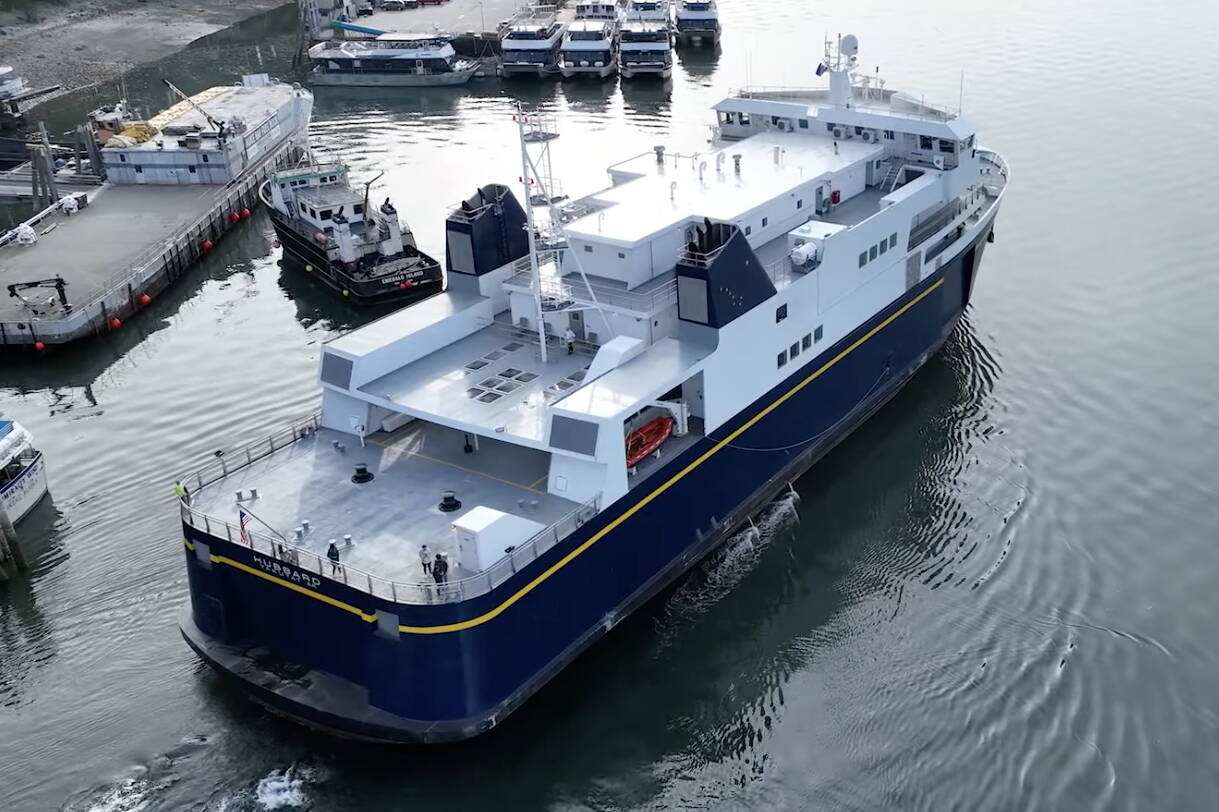 The Hubbard ferry departs the Auke Bay Ferry Terminal for its inaugural voyage through northern Lynn Canal on May 23. (Courtesy of the Alaska Department of Transportation and Public Facilities)