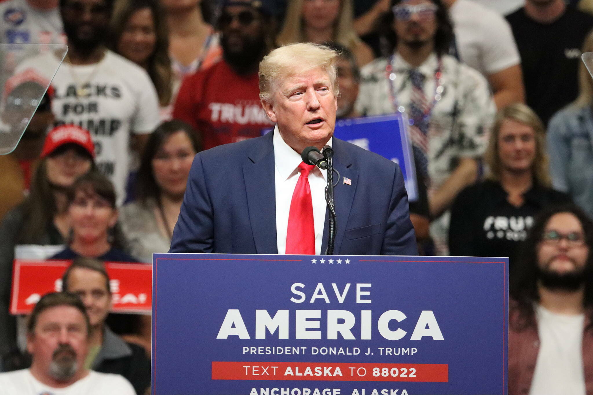 Former President Donald Trump speaks to a capacity crowd at the Alaska Airlines Center in Anchorage on July 9, 2022. (Mark Sabbatini / Juneau Empire File)