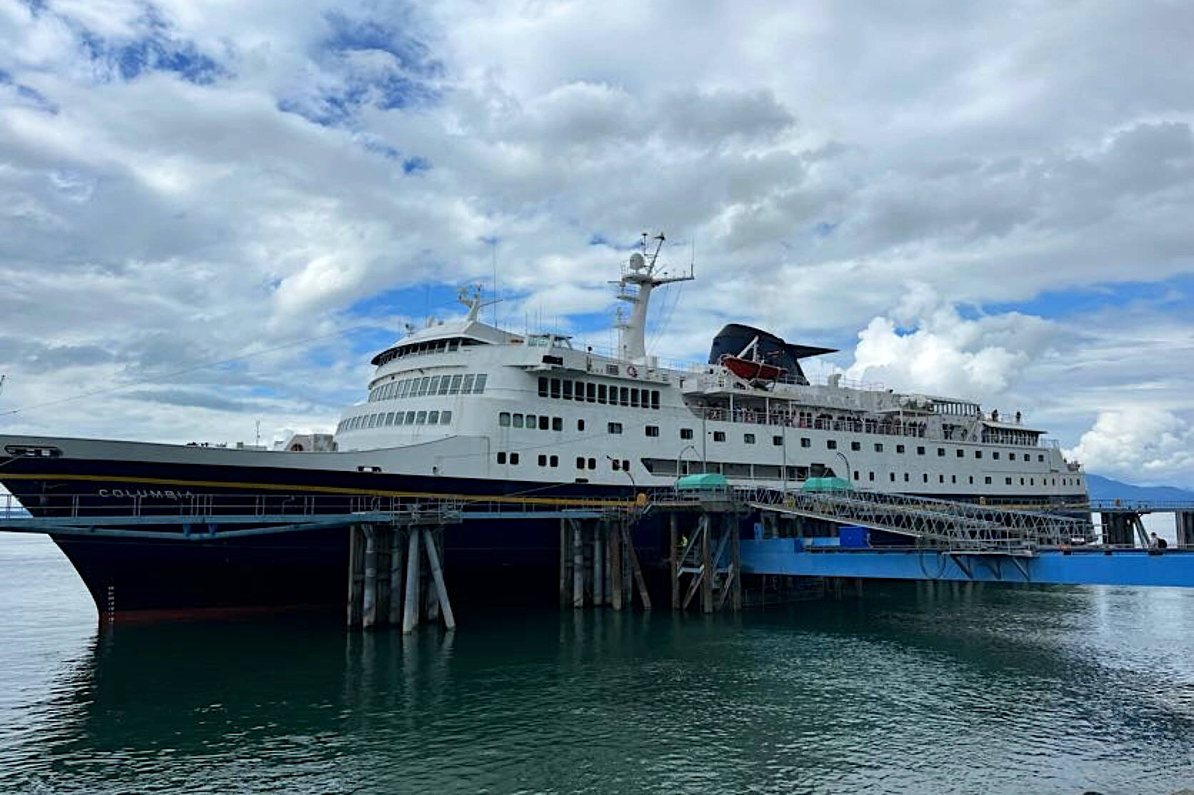 The Columbia ferry docks in Ketchikan earlier this month. Updates to the Alaska Marine Highway System are a major component of a draft statewide transportation improvement plan released Thursday. (Meredith Jordan / Juneau Empire).