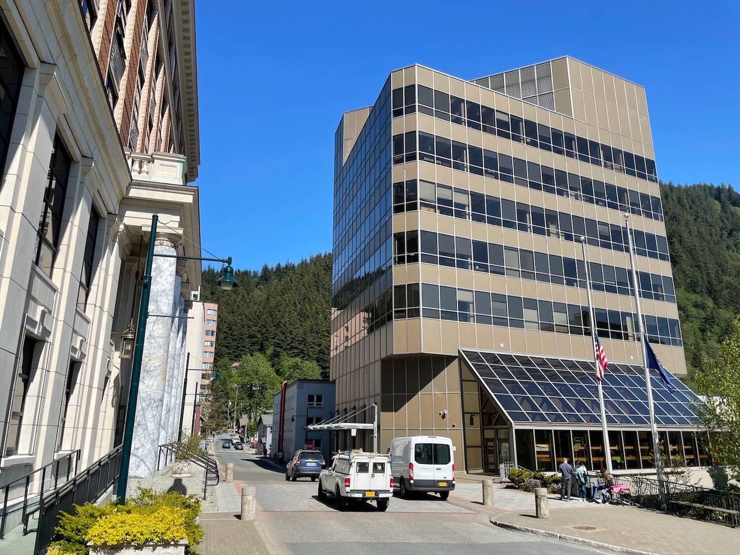 The Dimond Courthouse building, home to the Juneau offices of the Alaska Department of Law, is seen across the street from the Alaska State Capitol on May 27, 2022. (Photo by Lisa Phu/Alaska Beacon)