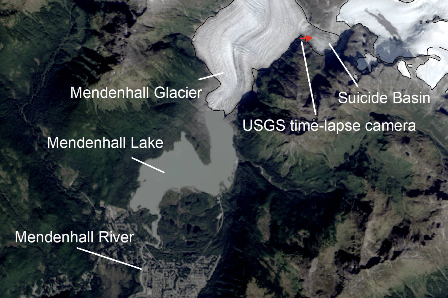 A map shows the location of Suicide Basin above the face of the Mendenhall Glacier, which since 2011 has released glacier lake outburst floods into Mendenhall Lake and Mendenhall River. An Alaska Wildlife Troopers official said Wednesday it appears water flow from the basin caused the death of Paul Jose Rodriguez Jr., who drowned while kayaking near the glacier about two weeks ago, and officials are waiting for another expected release before resuming the search for his body for safety reasons. (Map by the National Weather Service)