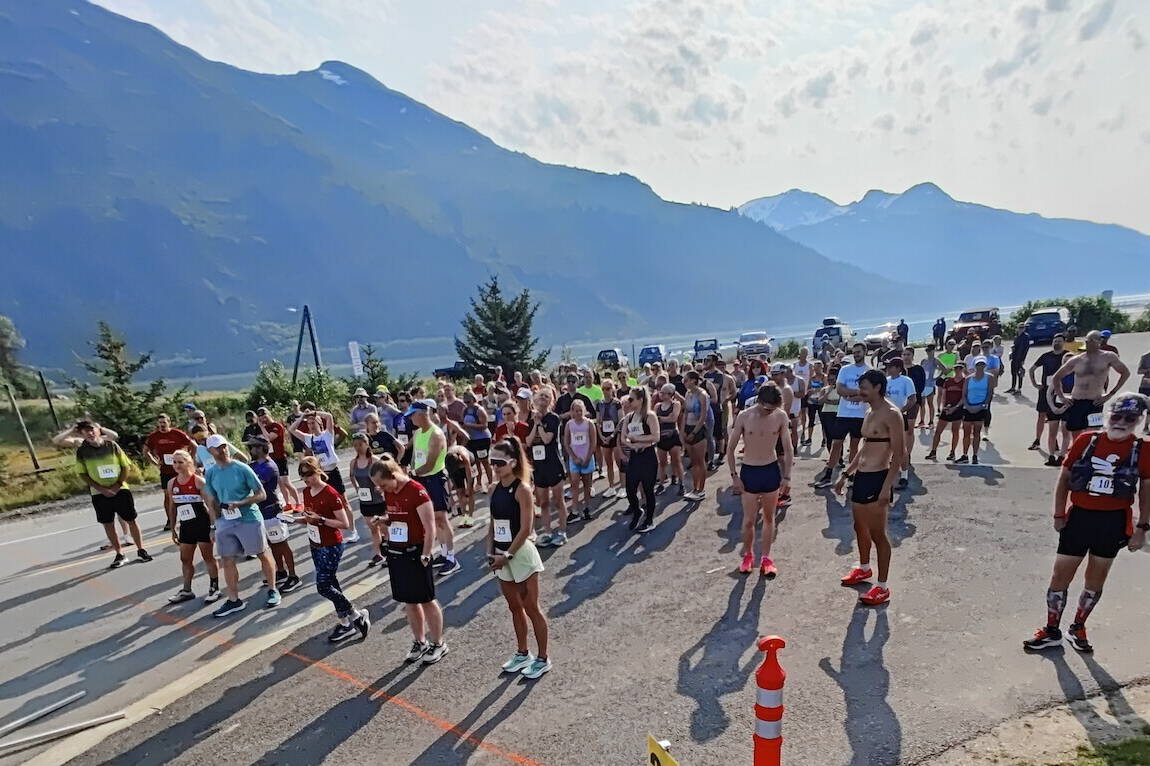 Racers gather under hazy skies at Savikko Park on Saturday morning for the start of the Juneau Half Marathon. A total of 146 people participated in the 13.1-mile course. (Photo courtesy of Juneau Trail and Road Runners)