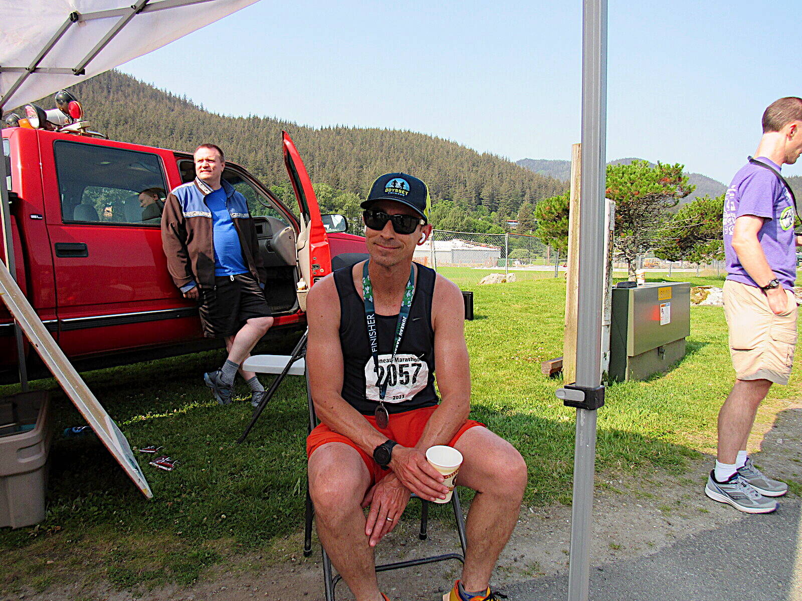 Aaron Morrison of Juneau refuels after winning the Juneau Marathon on Saturday with a time of exactly 3 hours, 11 minutes. Gabby Rockwood of Park City, Utah, was the fastest woman with a time of 3:39:14. (Photo courtesy of Juneau Trail and Road Runners)