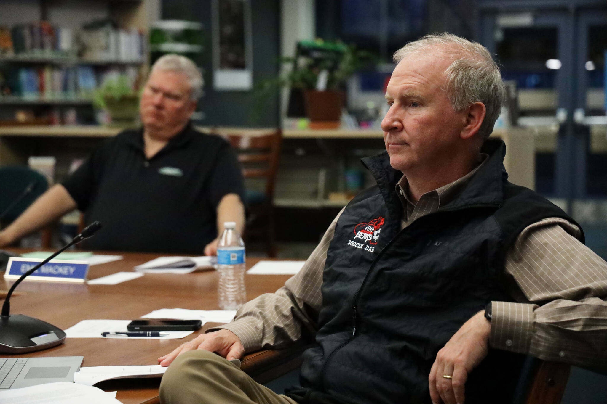 Longtime Juneau Board of Education member Brian Holst listens during a board meeting in May. Holst rescinded his run for candidacy for a fourth term on the board late last week. (Clarise Larson / Juneau Empire File)