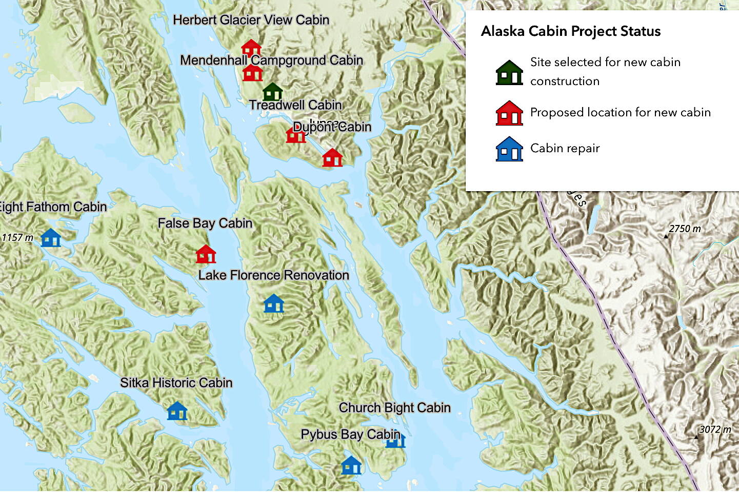 A map shows locations for new cabins being considered by the U.S. Forest Service in and near Juneau. A multiyear project to add about 25 cabins in the Tongass and Chugach national forests, funded largely by $14 million from the Bipartisan Infrastructure Law, is in the early stages. (U.S. Forest Service map)